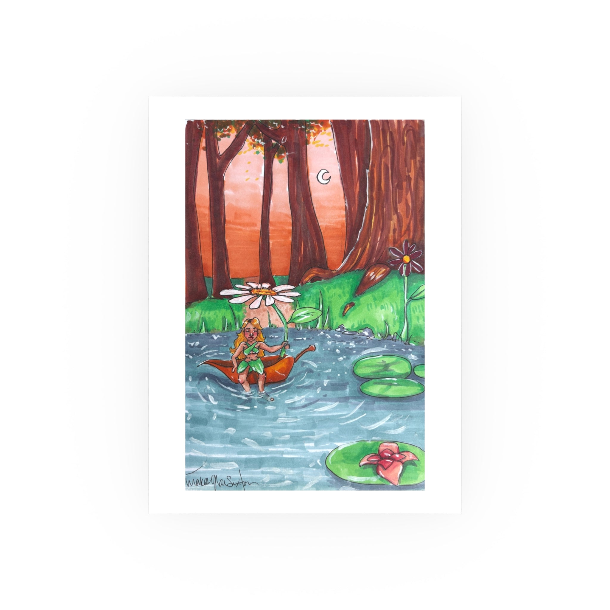 Fairy Pond Art Print — Whimsical Watercolor Forest Scene