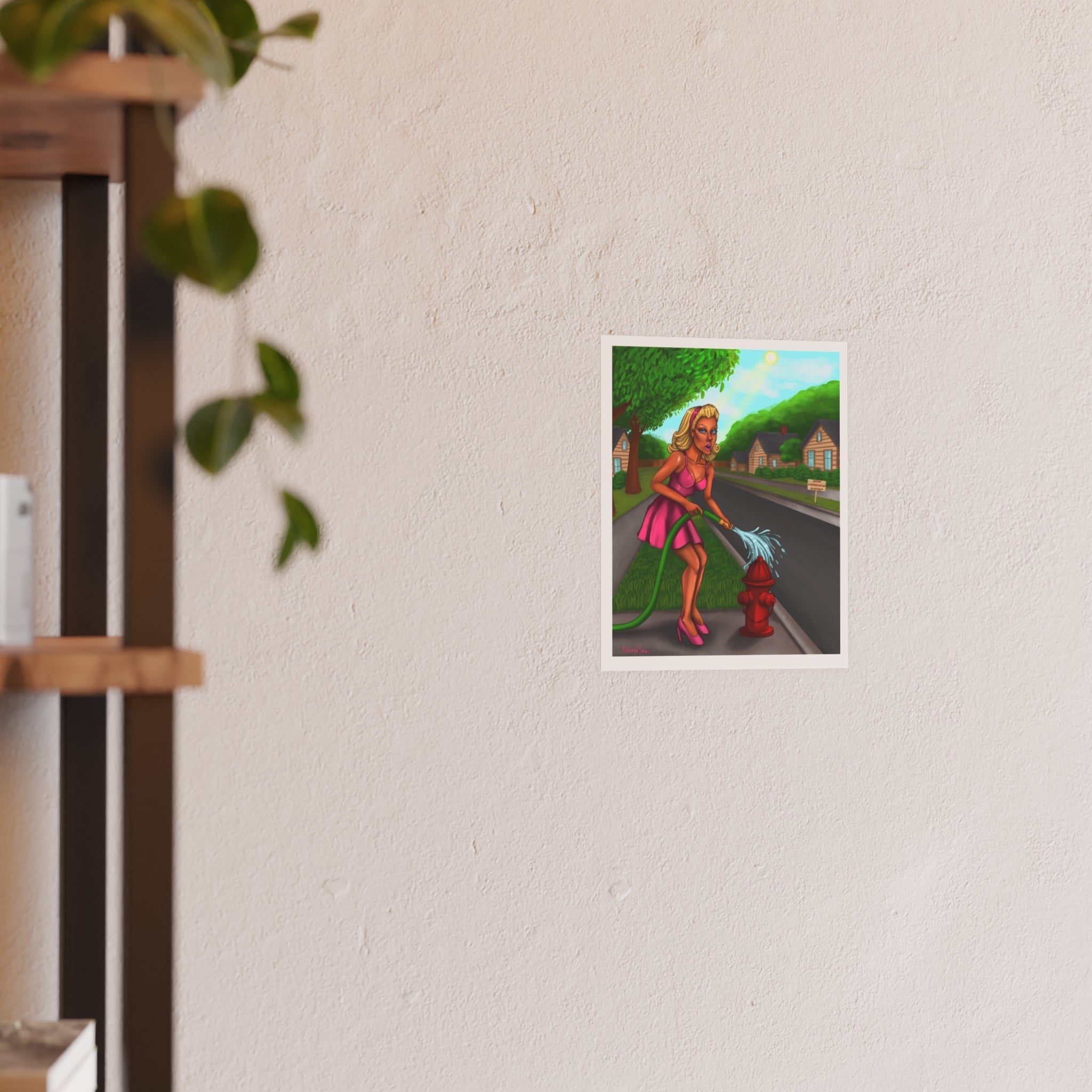 Playful Suburban Pin-Up Art Print — Woman Watering Fire Hydrant Poster
