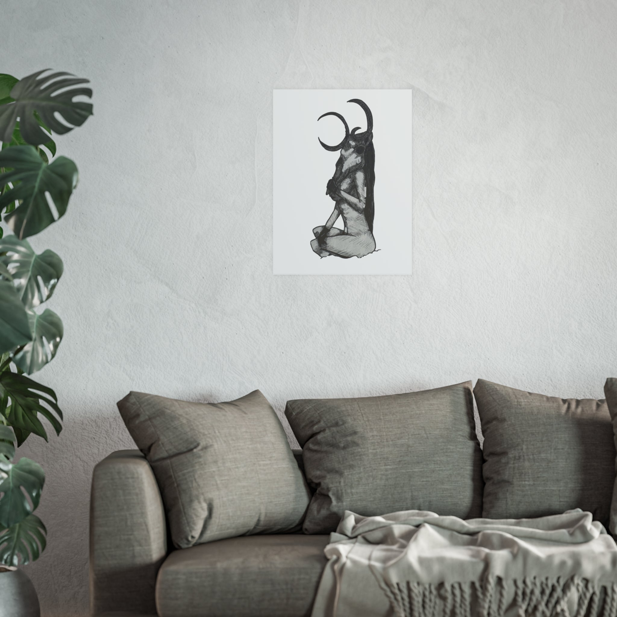 Occult Goat Skull Art Poster — Monochrome Witchy Wall Print