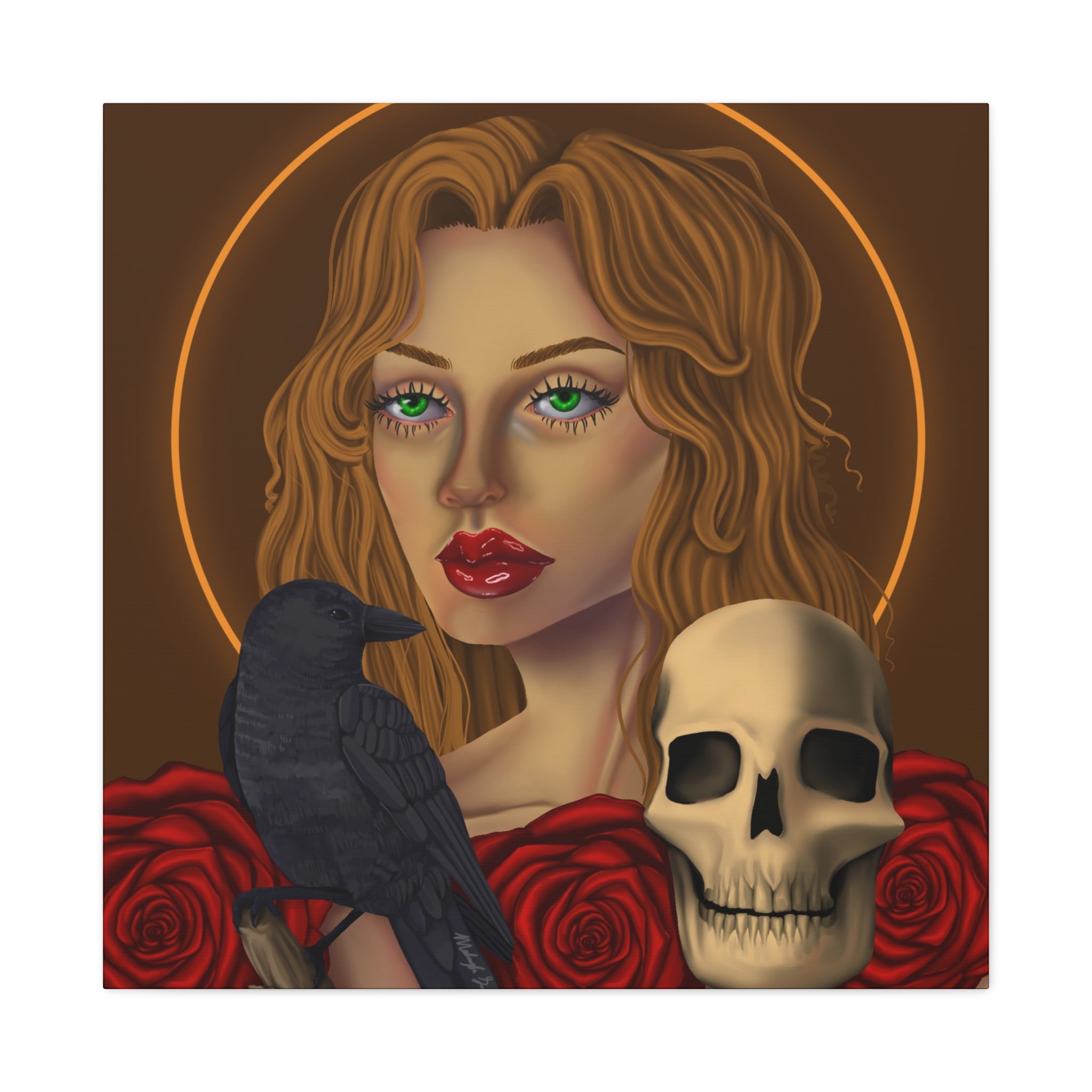 Vintage Skull & Roses Dark Portrait Canvas Print