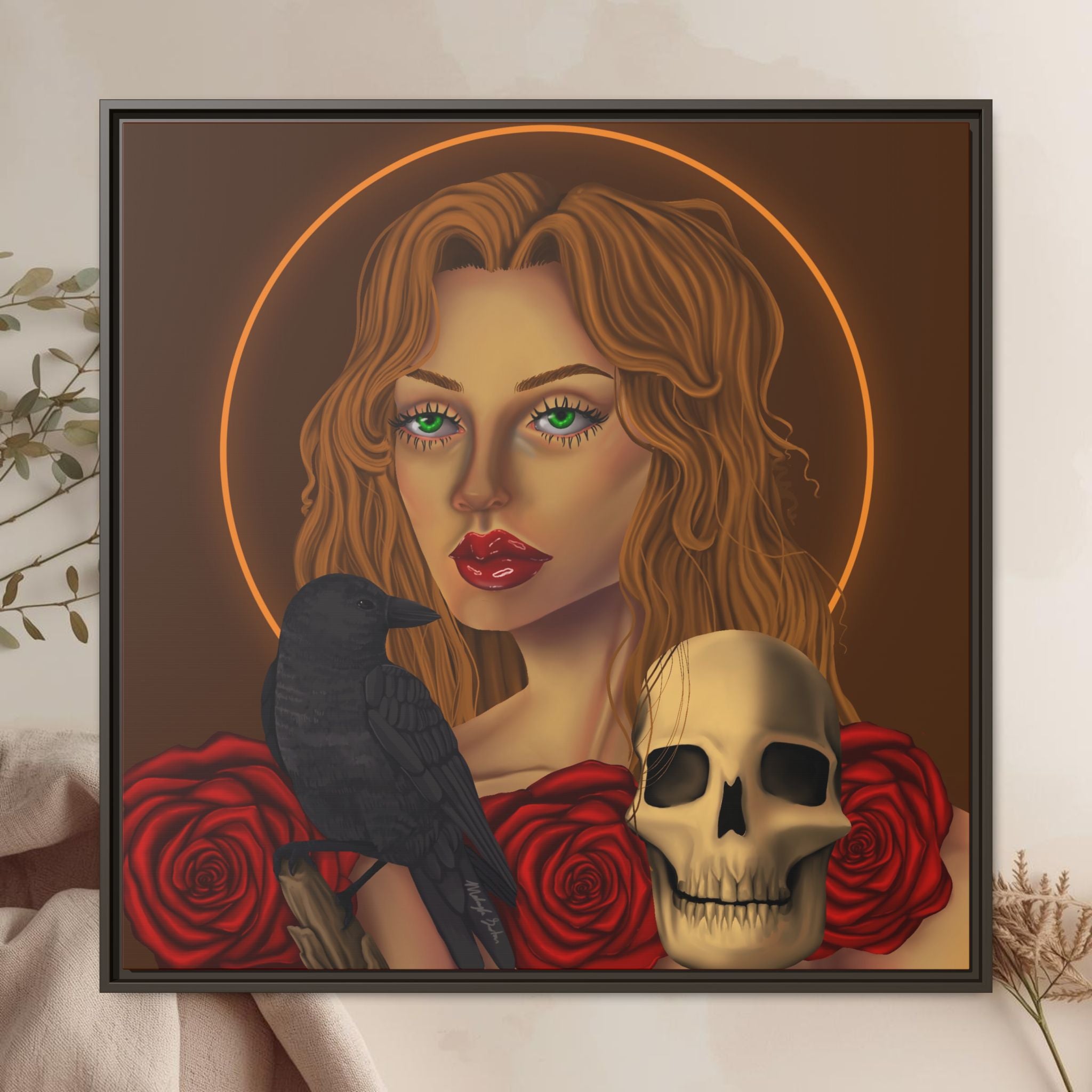 Woman, Skull, Crow Canvas Art Print