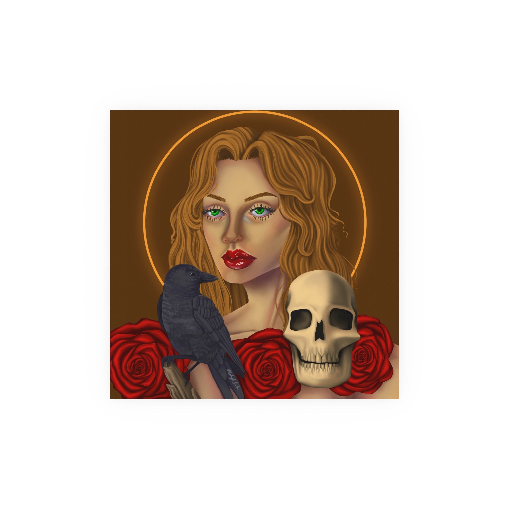 Gothic Portrait Poster — Woman with Raven, Skull & Roses Satin/Matte Art Print