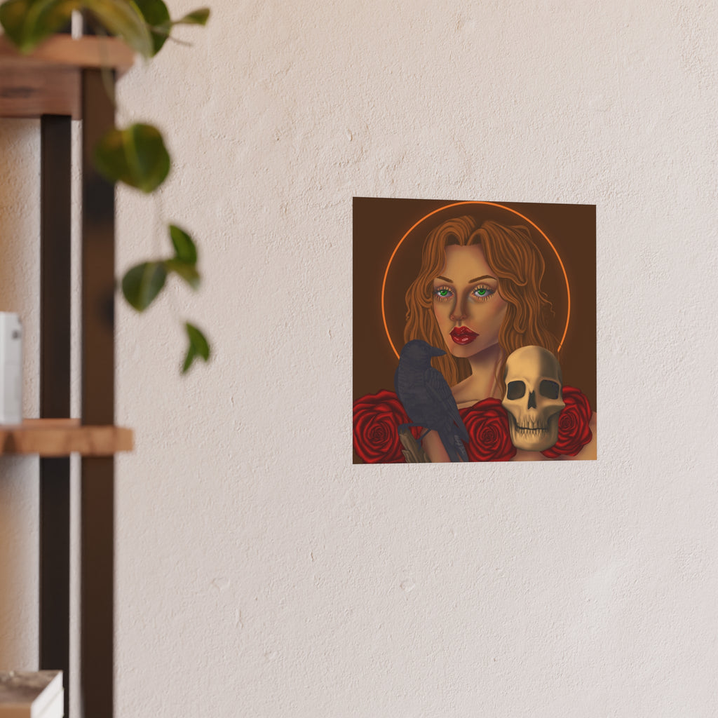 Gothic Portrait Poster — Woman with Raven, Skull & Roses Satin/Matte Art Print