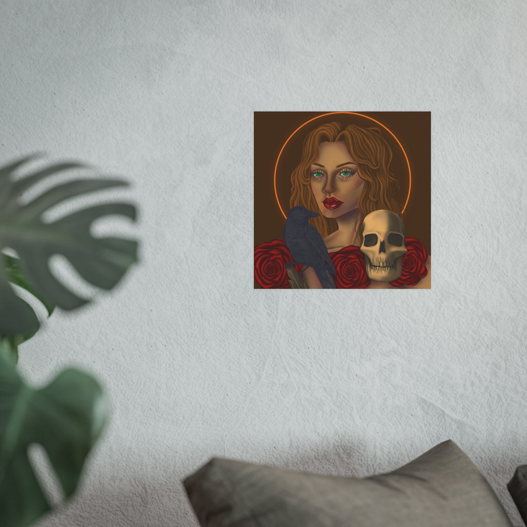 Gothic Portrait Poster — Woman with Raven, Skull & Roses Satin/Matte Art Print