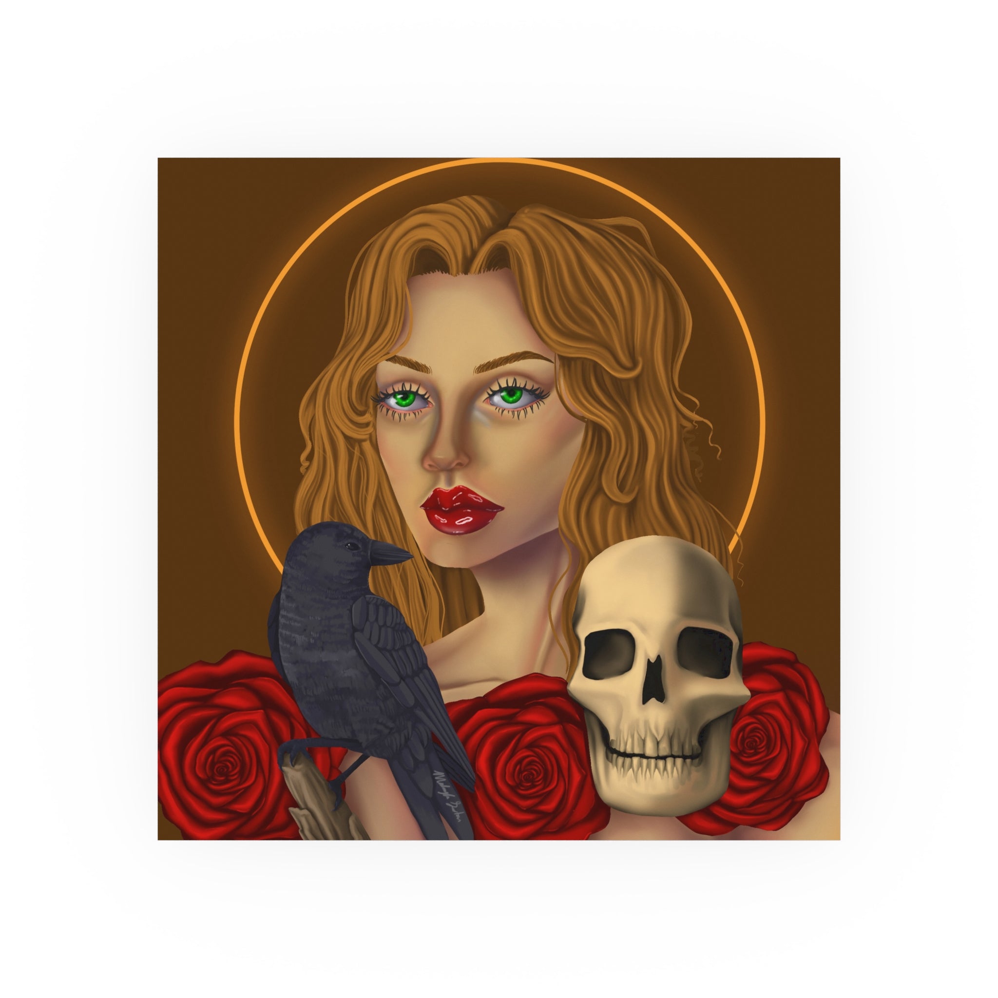 Gothic Portrait Poster — Woman with Raven, Skull & Roses Satin/Matte Art Print