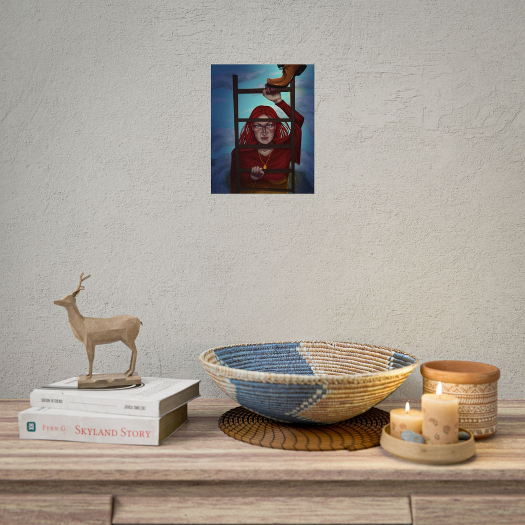 Rolled Poster — Moody Red-Haired Woman Climbing Ladder Art Print