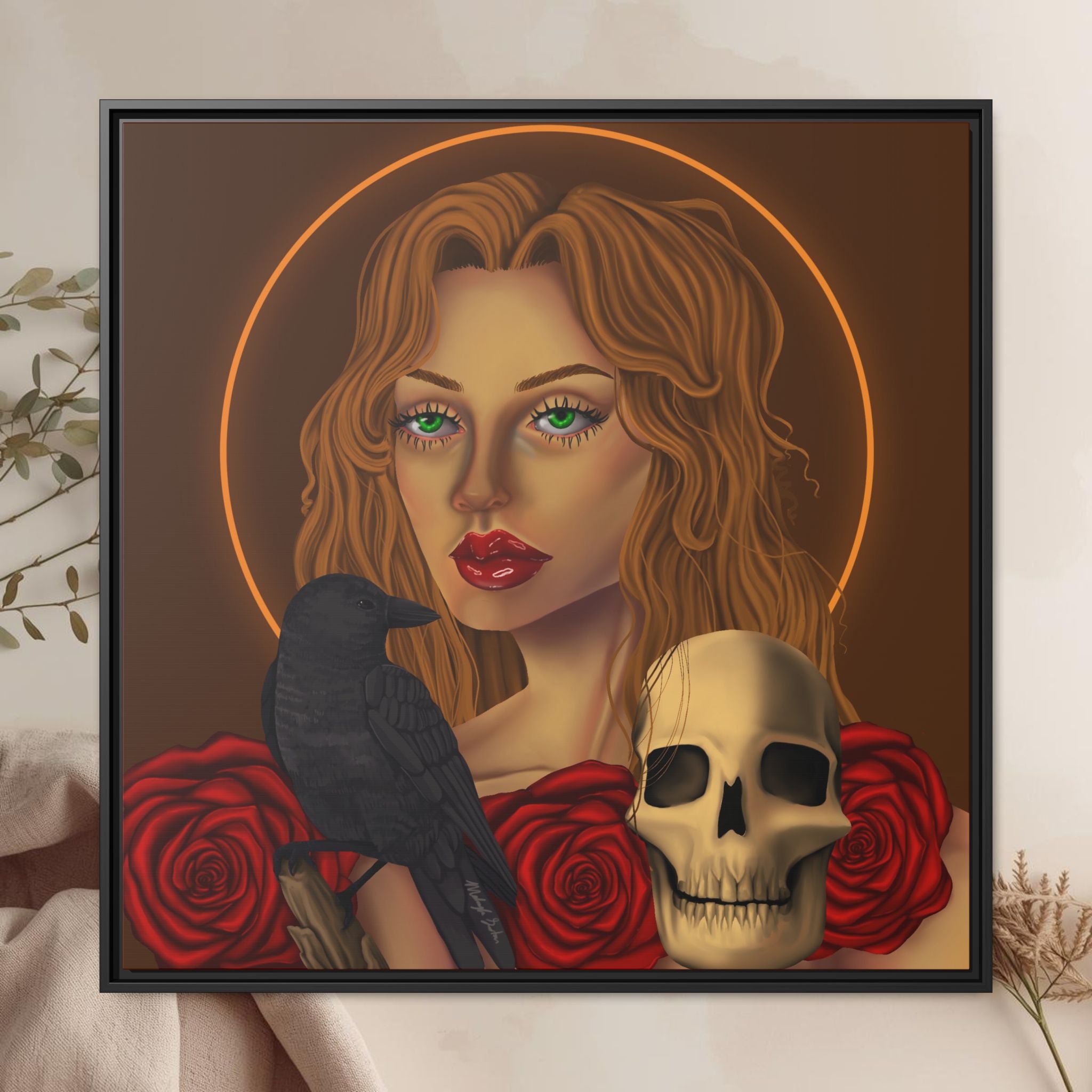 Woman, Skull, Crow Canvas Art Print