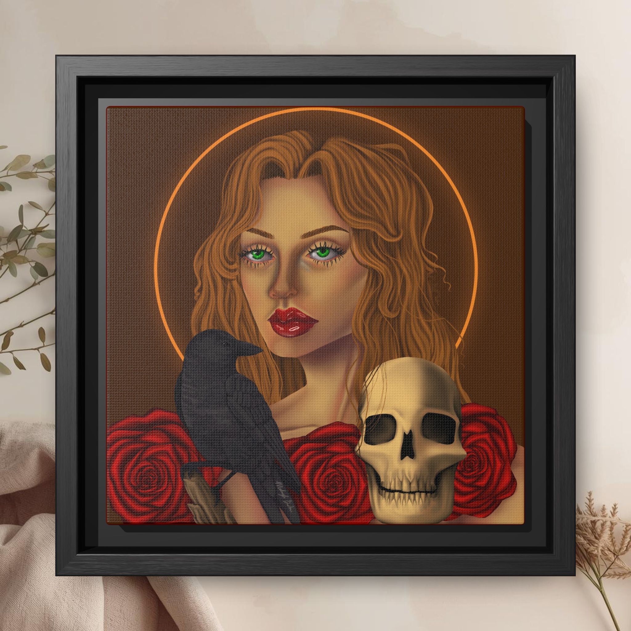 Woman, Skull, Crow Canvas Art Print