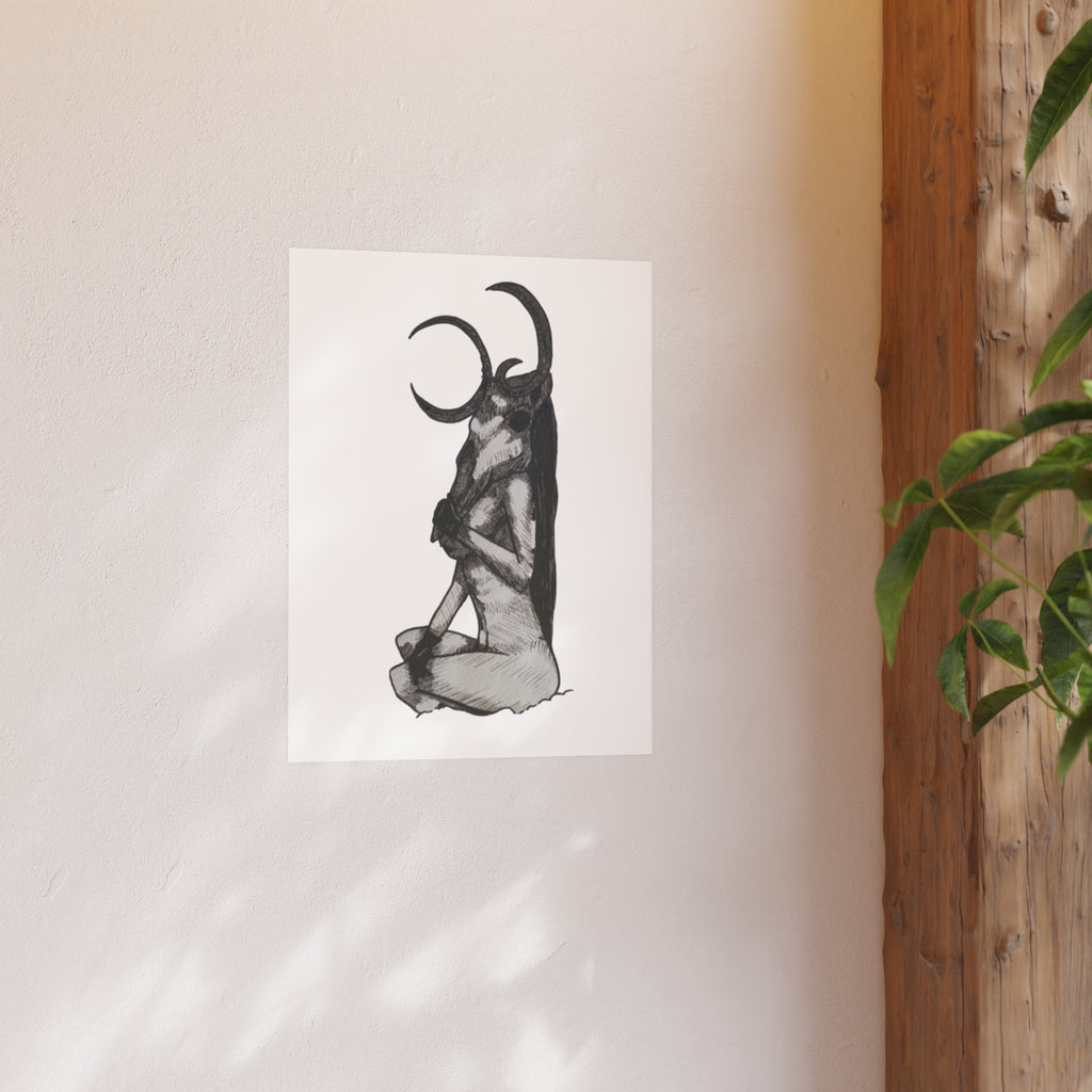 Occult Goat Skull Art Poster — Monochrome Witchy Wall Print