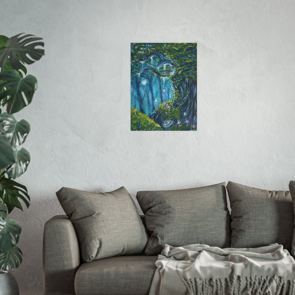 Enchanted Forest Art Poster — Whimsical Blue Tree Landscape