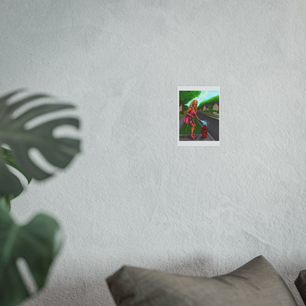 Playful Suburban Pin-Up Art Print — Woman Watering Fire Hydrant Poster