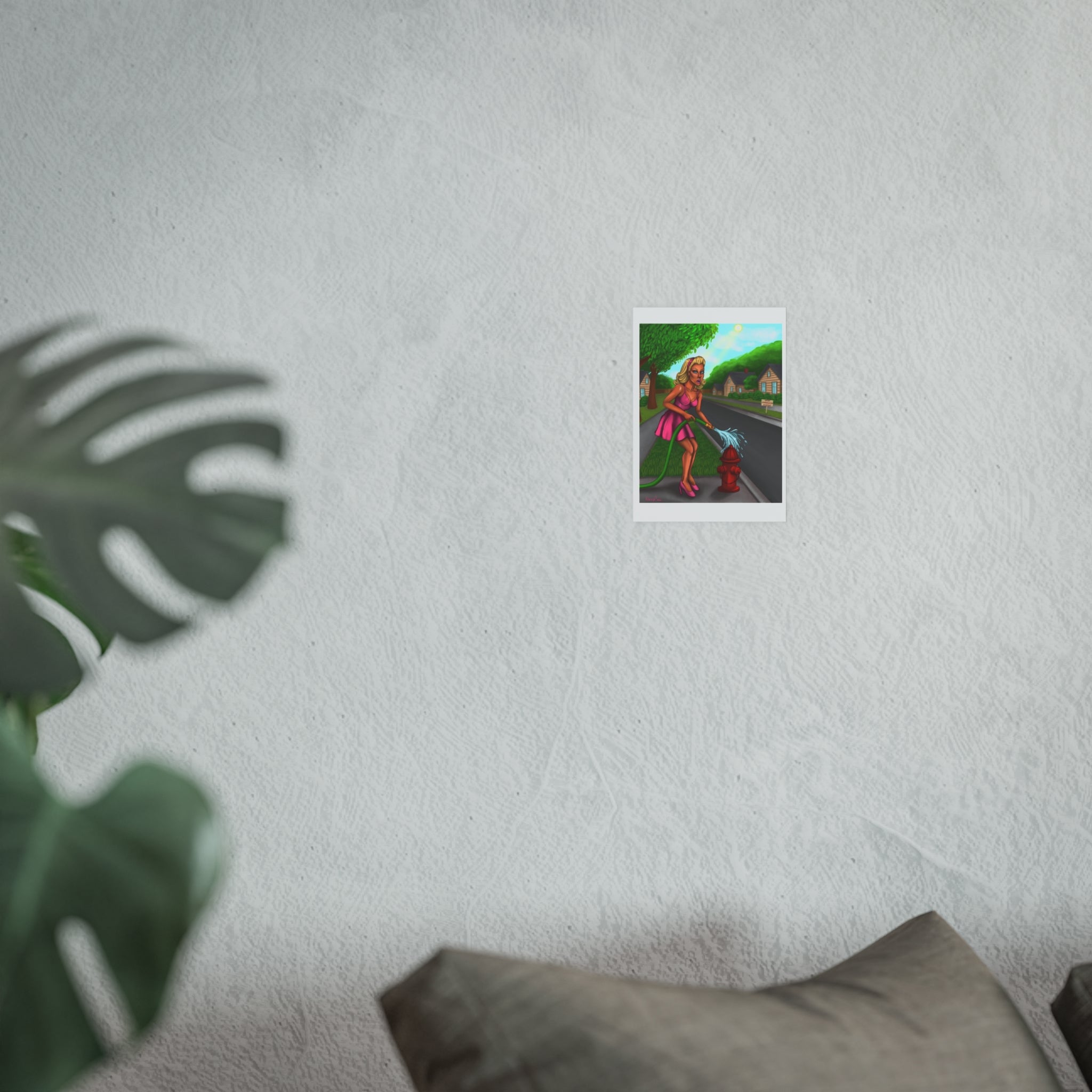 Playful Suburban Pin-Up Art Print — Woman Watering Fire Hydrant Poster