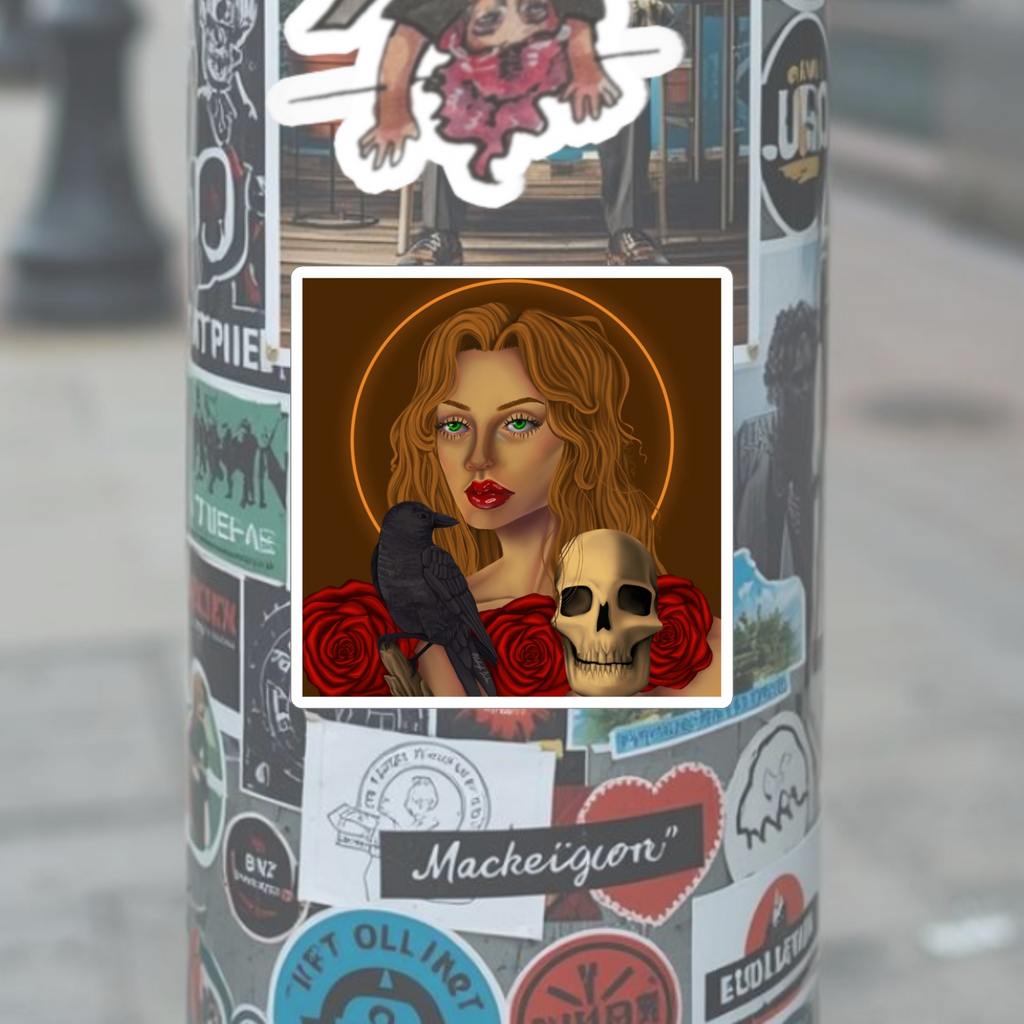Sticker of a woman with a bird and skull on a street pole with other stickers
