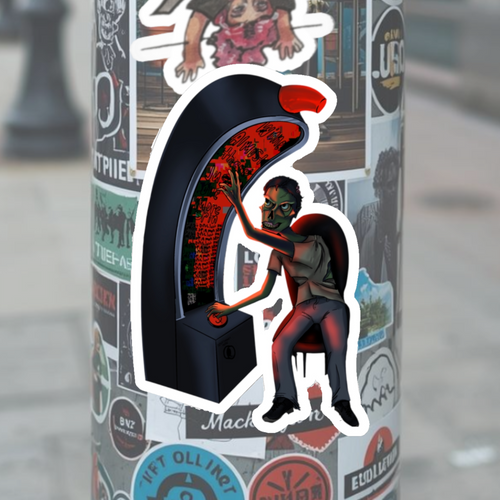 Sticker of a zombie playing a slot machine arcade game  with a pole with stickers in the background