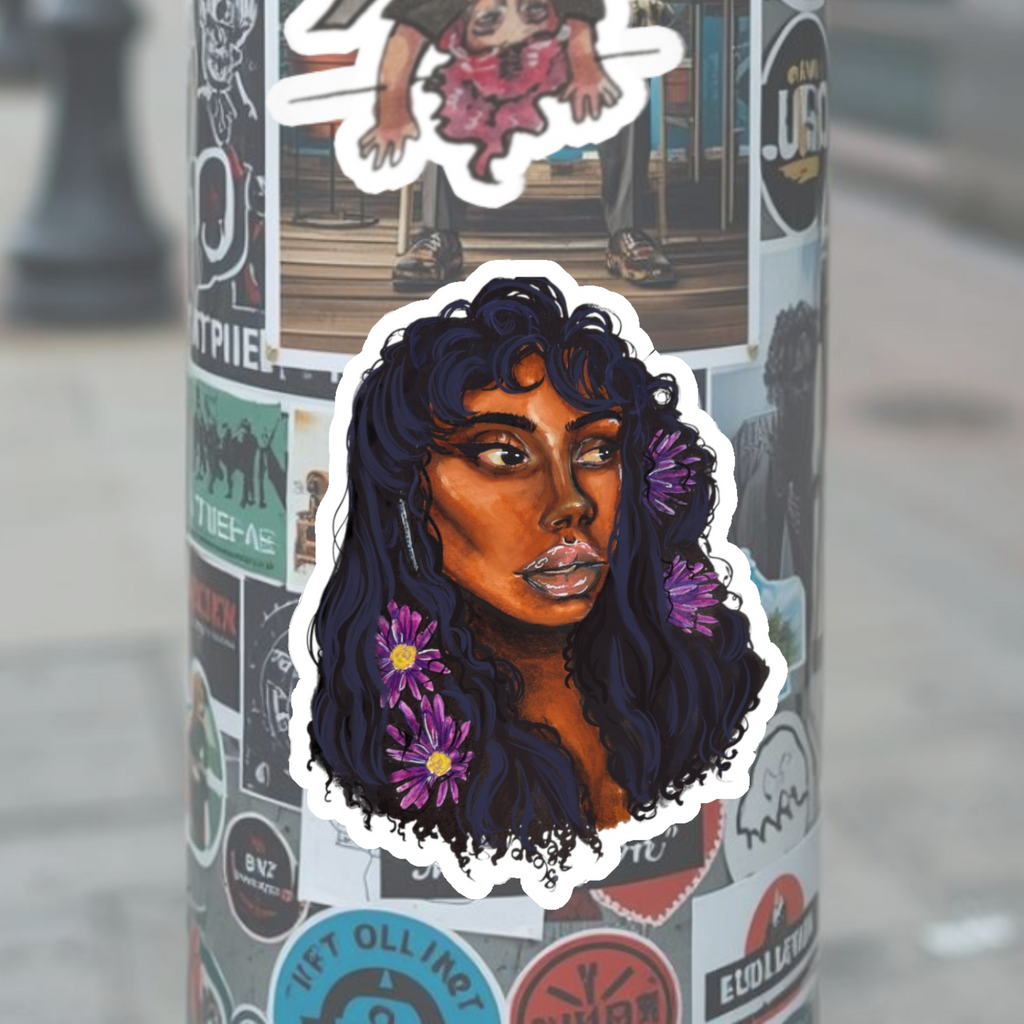 Floral Afro Portrait Sticker — Black Woman Illustration Kiss-Cut Sticker