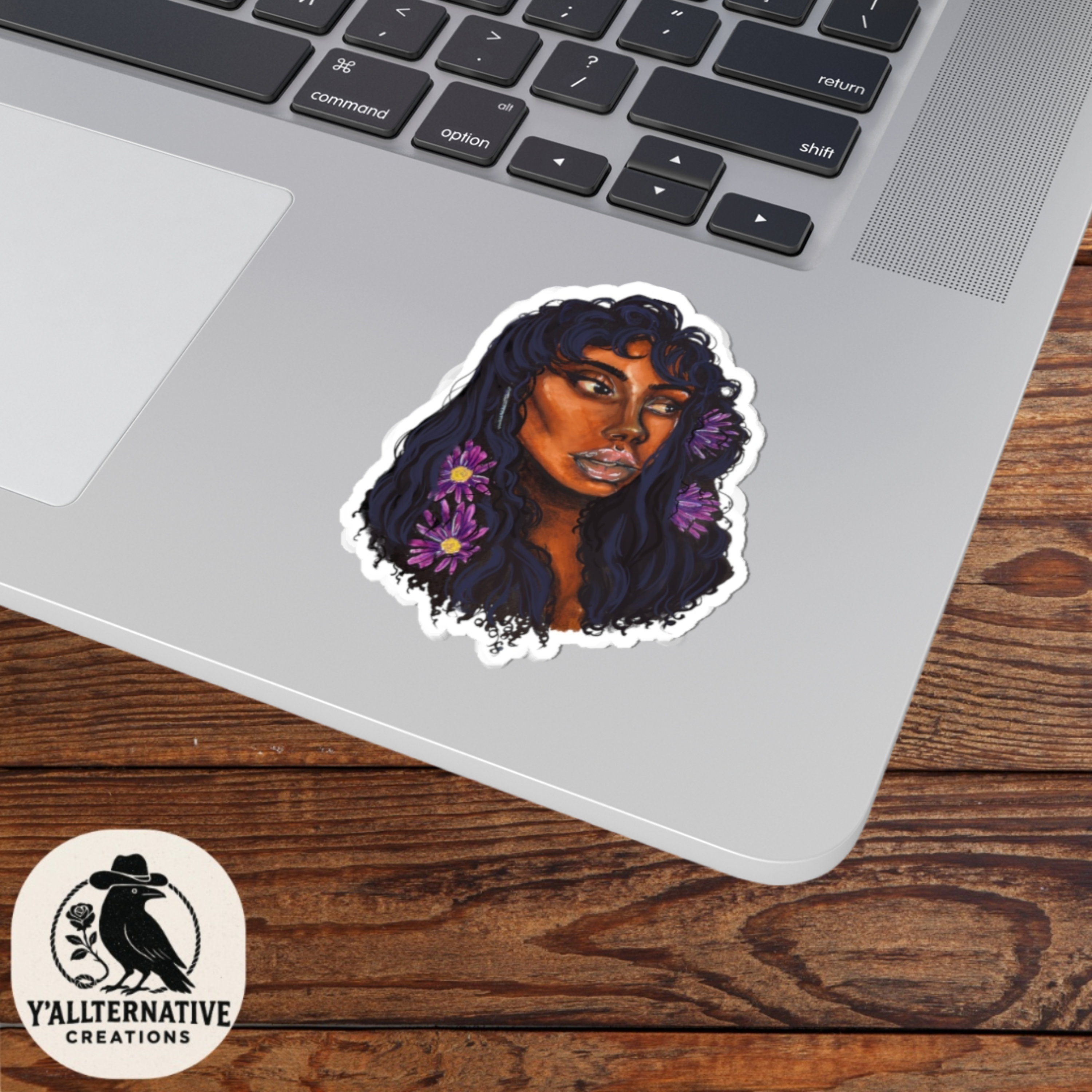 Floral Afro Portrait Sticker — Black Woman Illustration Kiss-Cut Sticker