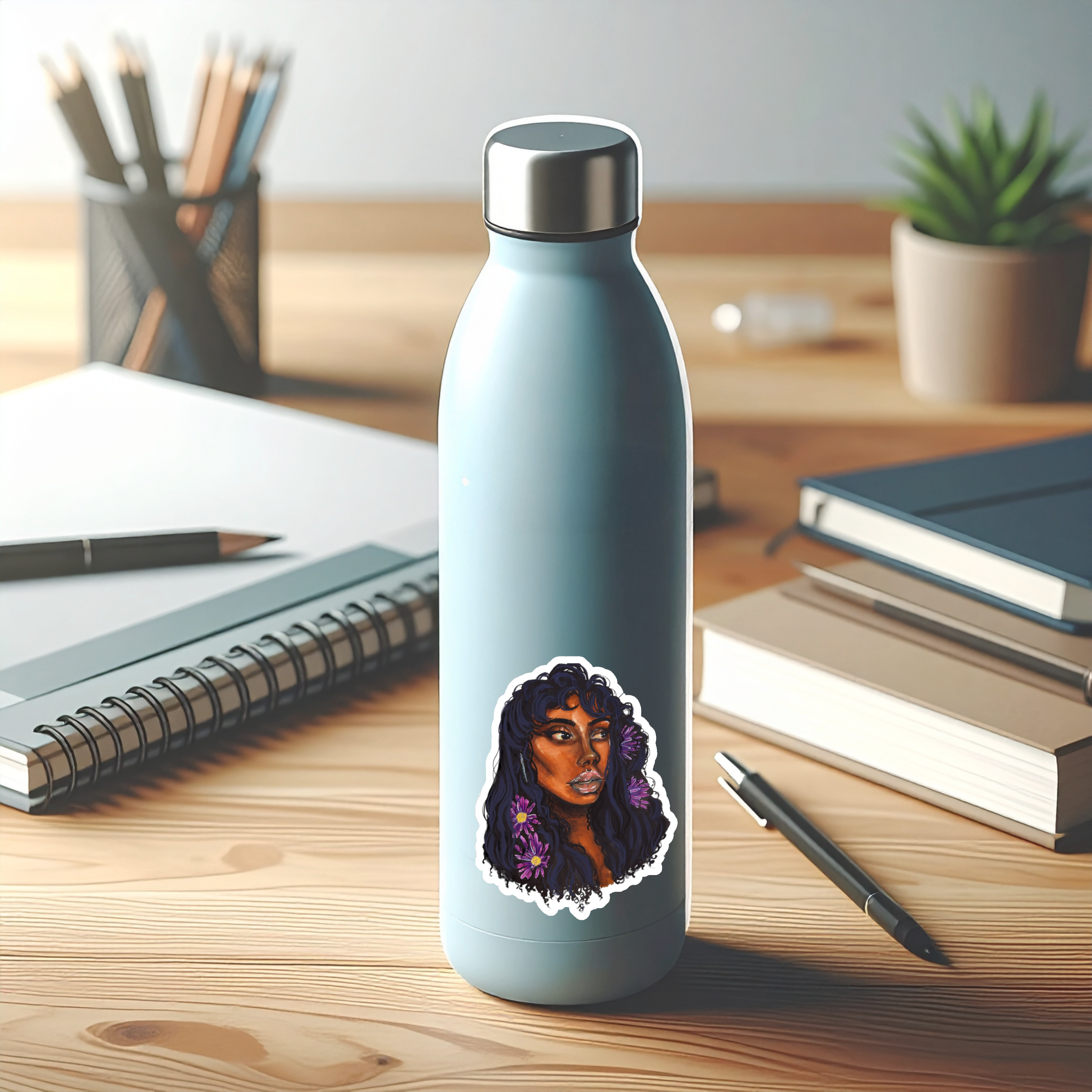 Floral Afro Portrait Sticker — Black Woman Illustration Kiss-Cut Sticker