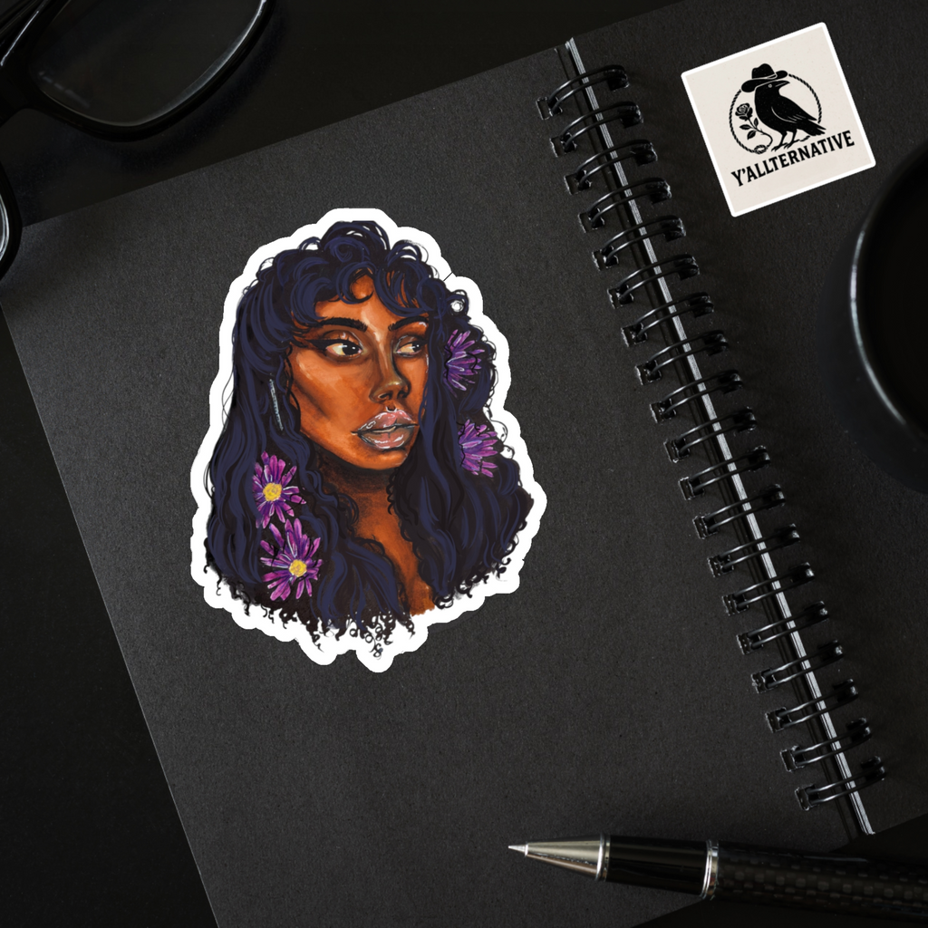 Floral Afro Portrait Sticker — Black Woman Illustration Kiss-Cut Sticker