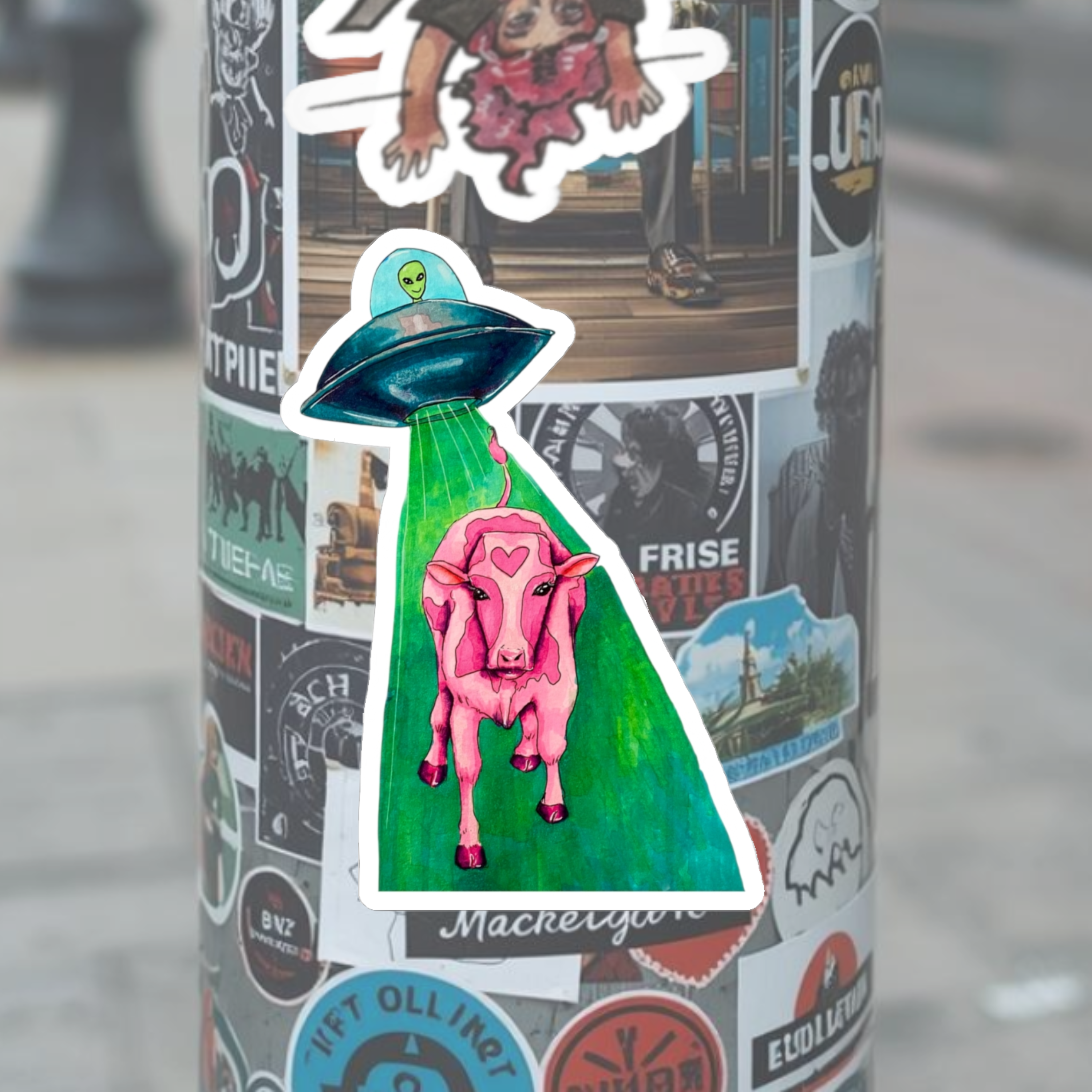 Alien UFO Cow Abduction Kiss-Cut Sticker — Pink Cow with Heart