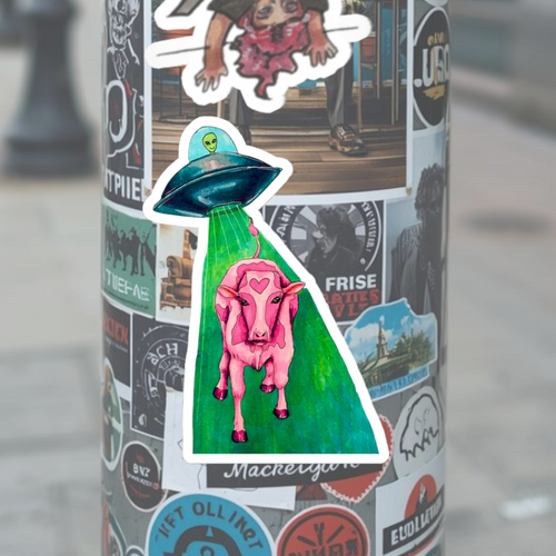 Alien UFO Cow Abduction Kiss-Cut Sticker — Pink Cow with Heart
