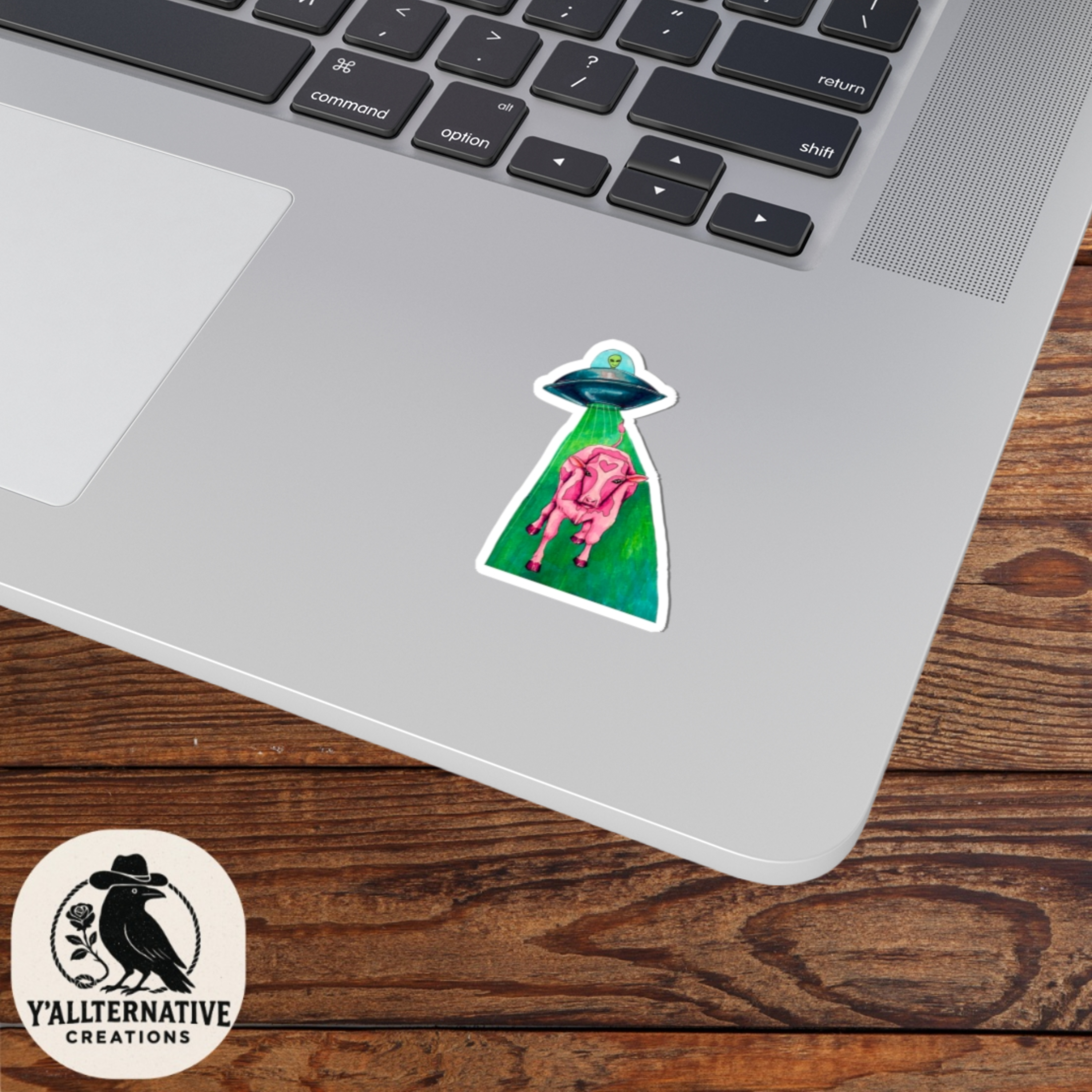 Alien UFO Cow Abduction Kiss-Cut Sticker — Pink Cow with Heart