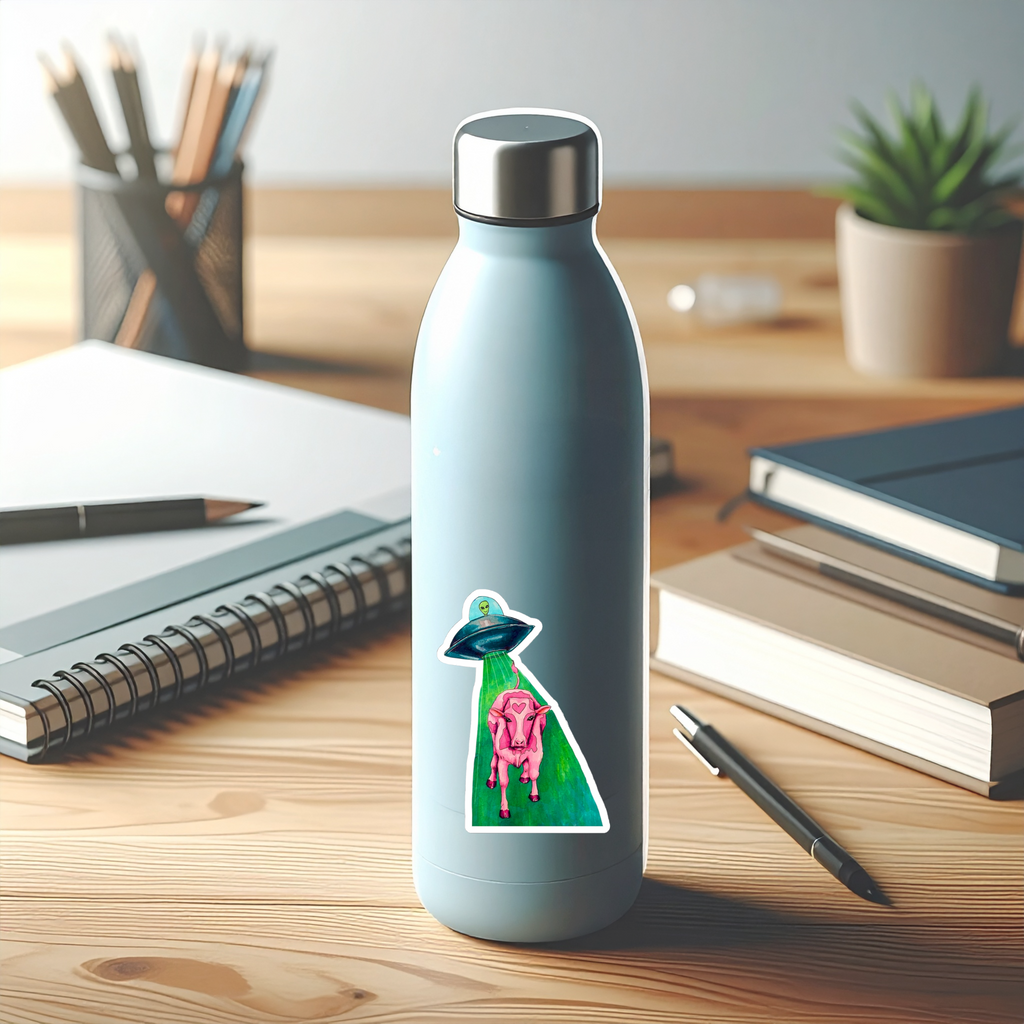 Alien UFO Cow Abduction Kiss-Cut Sticker — Pink Cow with Heart