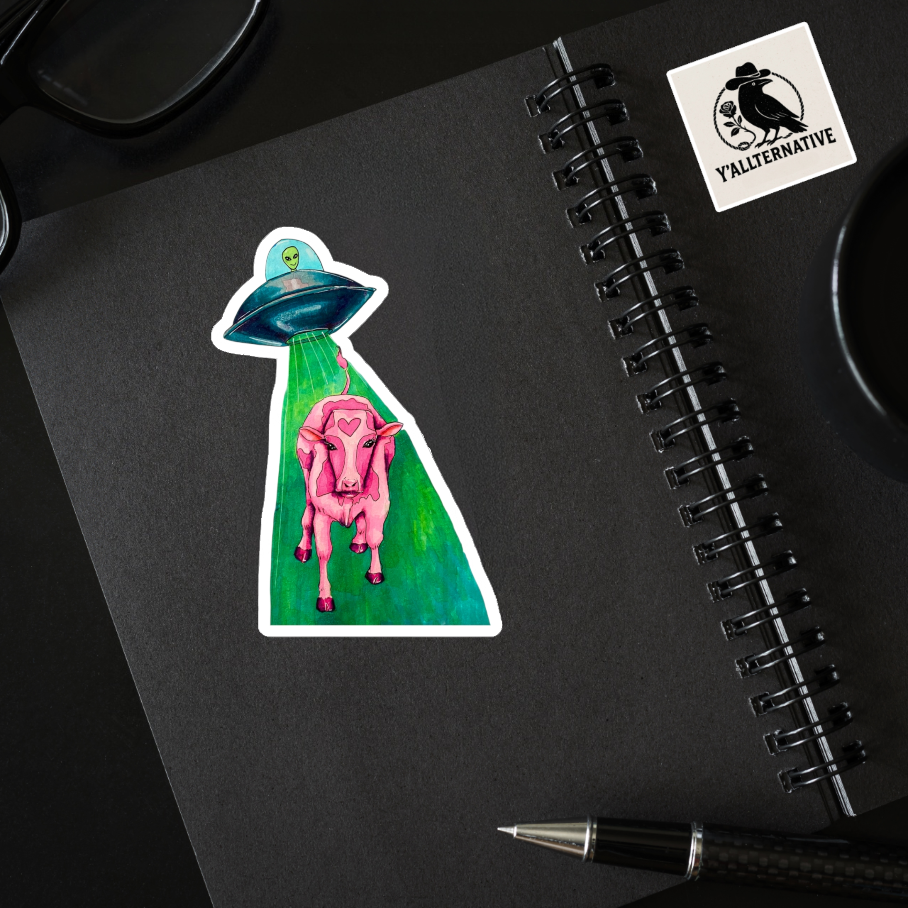 Alien UFO Cow Abduction Kiss-Cut Sticker — Pink Cow with Heart