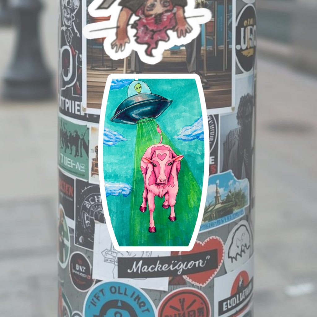 Alien UFO Cow Abduction Kiss-Cut Sticker — Pink Cow with Heart