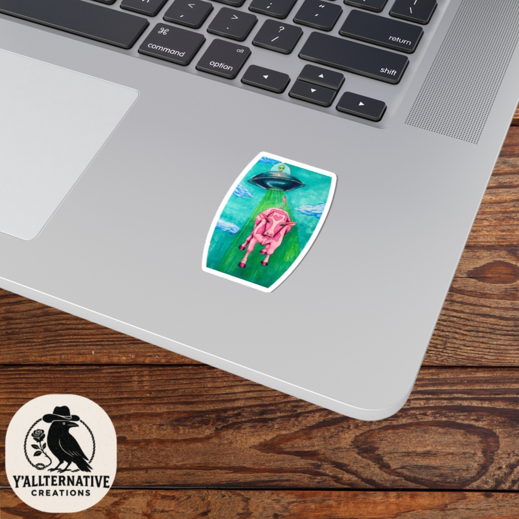 Alien UFO Cow Abduction Kiss-Cut Sticker — Pink Cow with Heart