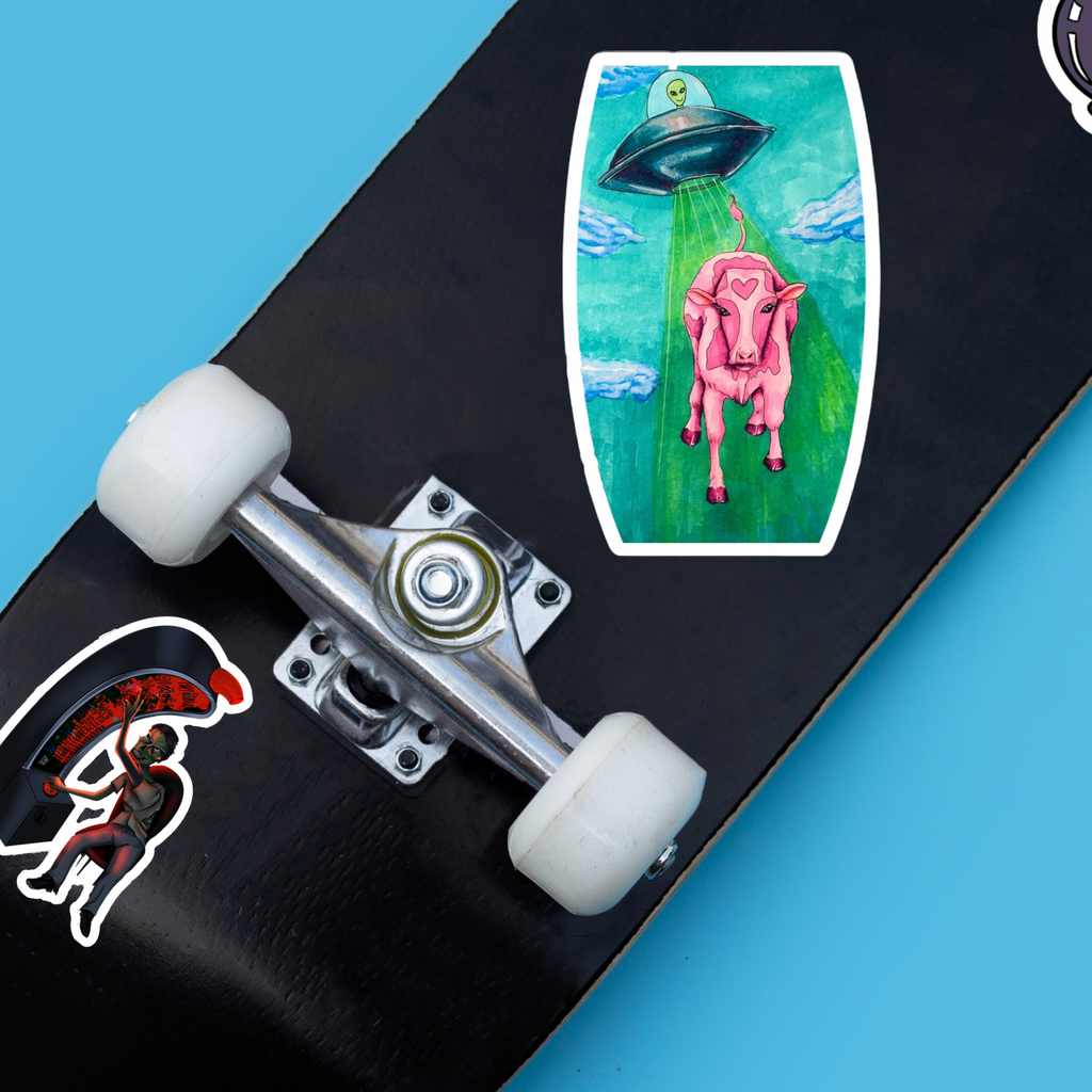 Alien UFO Cow Abduction Kiss-Cut Sticker — Pink Cow with Heart