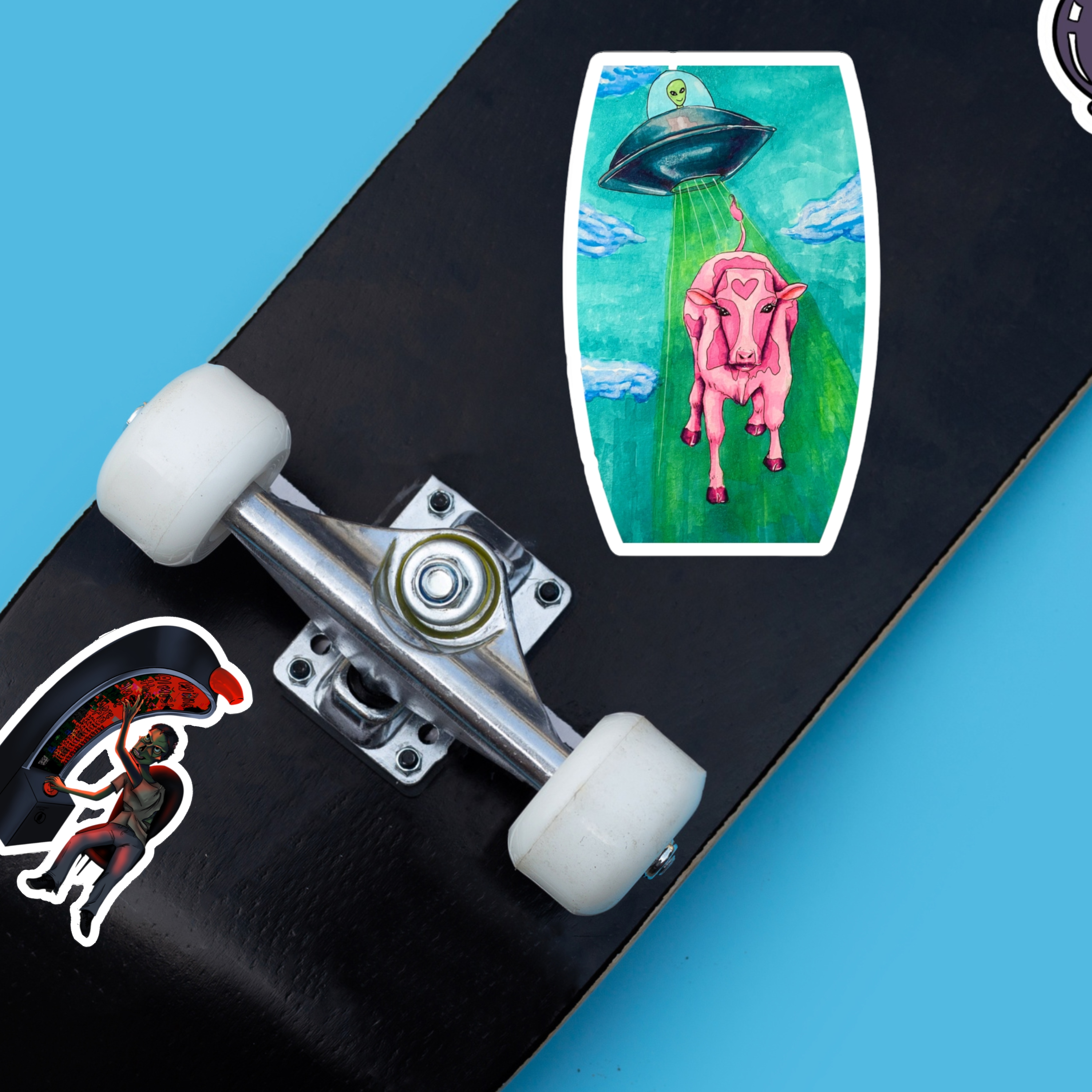 Alien UFO Cow Abduction Kiss-Cut Sticker — Pink Cow with Heart