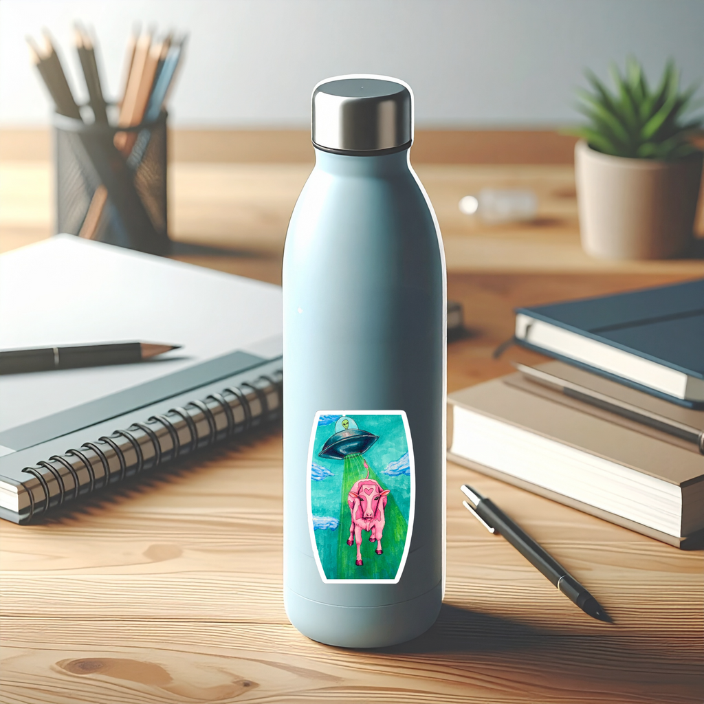 Alien UFO Cow Abduction Kiss-Cut Sticker — Pink Cow with Heart