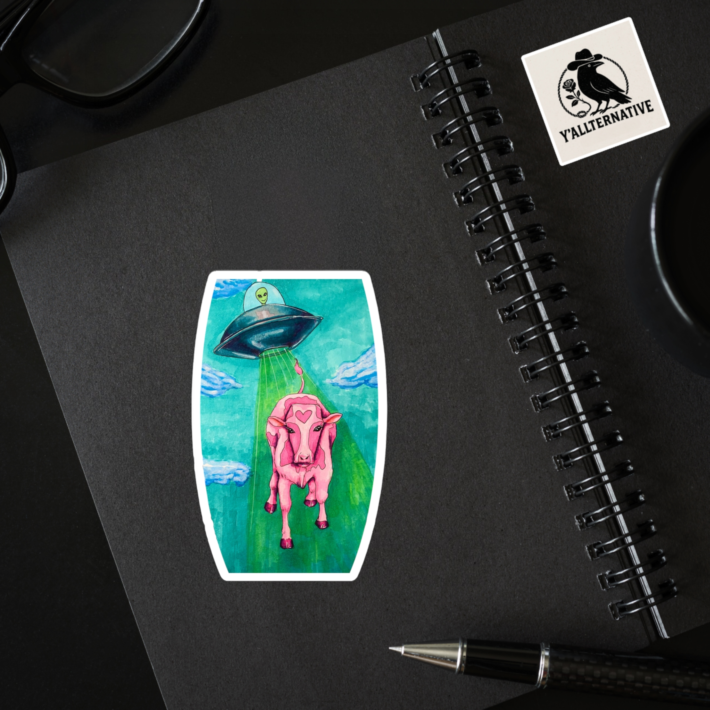 Alien UFO Cow Abduction Kiss-Cut Sticker — Pink Cow with Heart