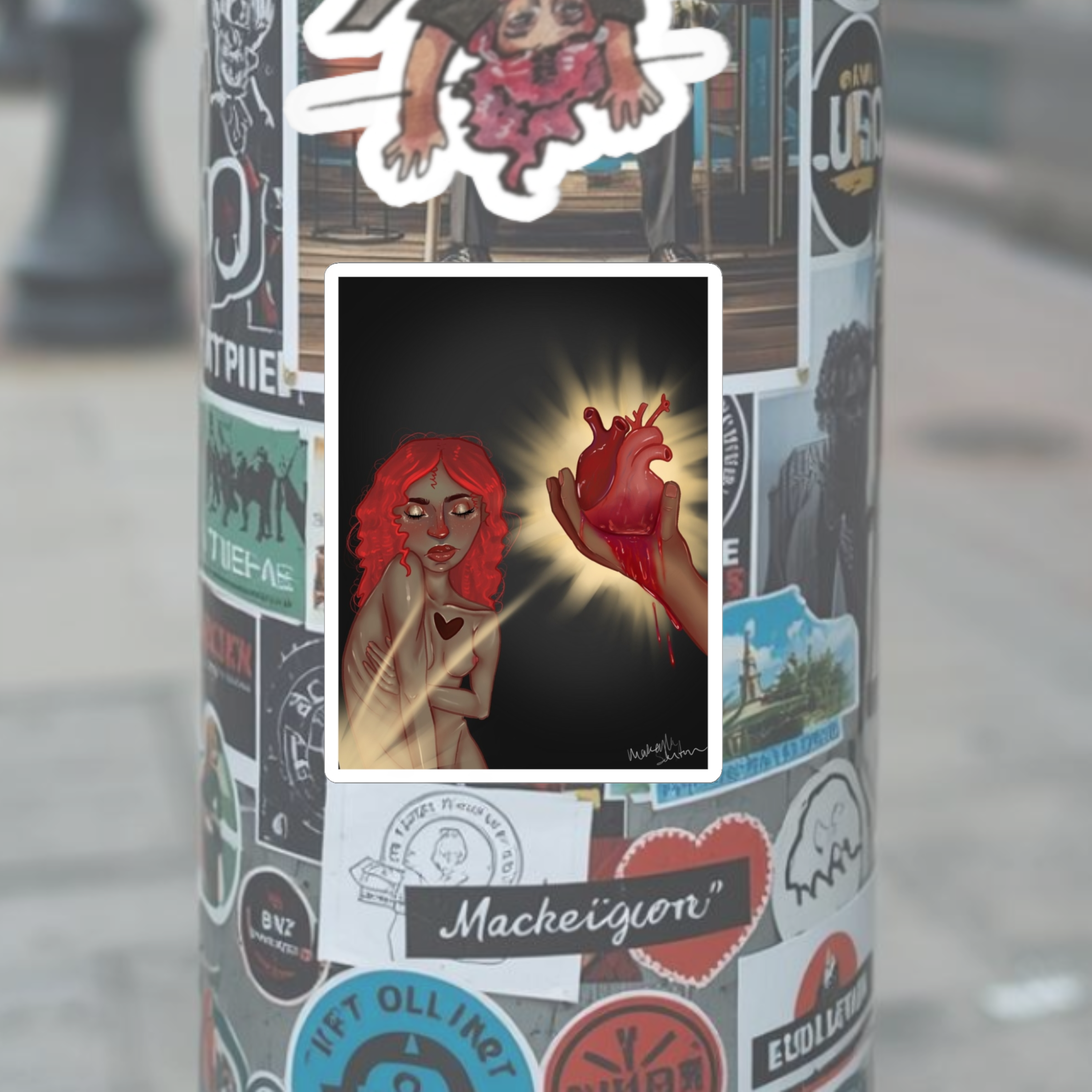 Heart In Hand Kiss-Cut Sticker — Gothic Red-Haired Illustration for Laptops & Journals