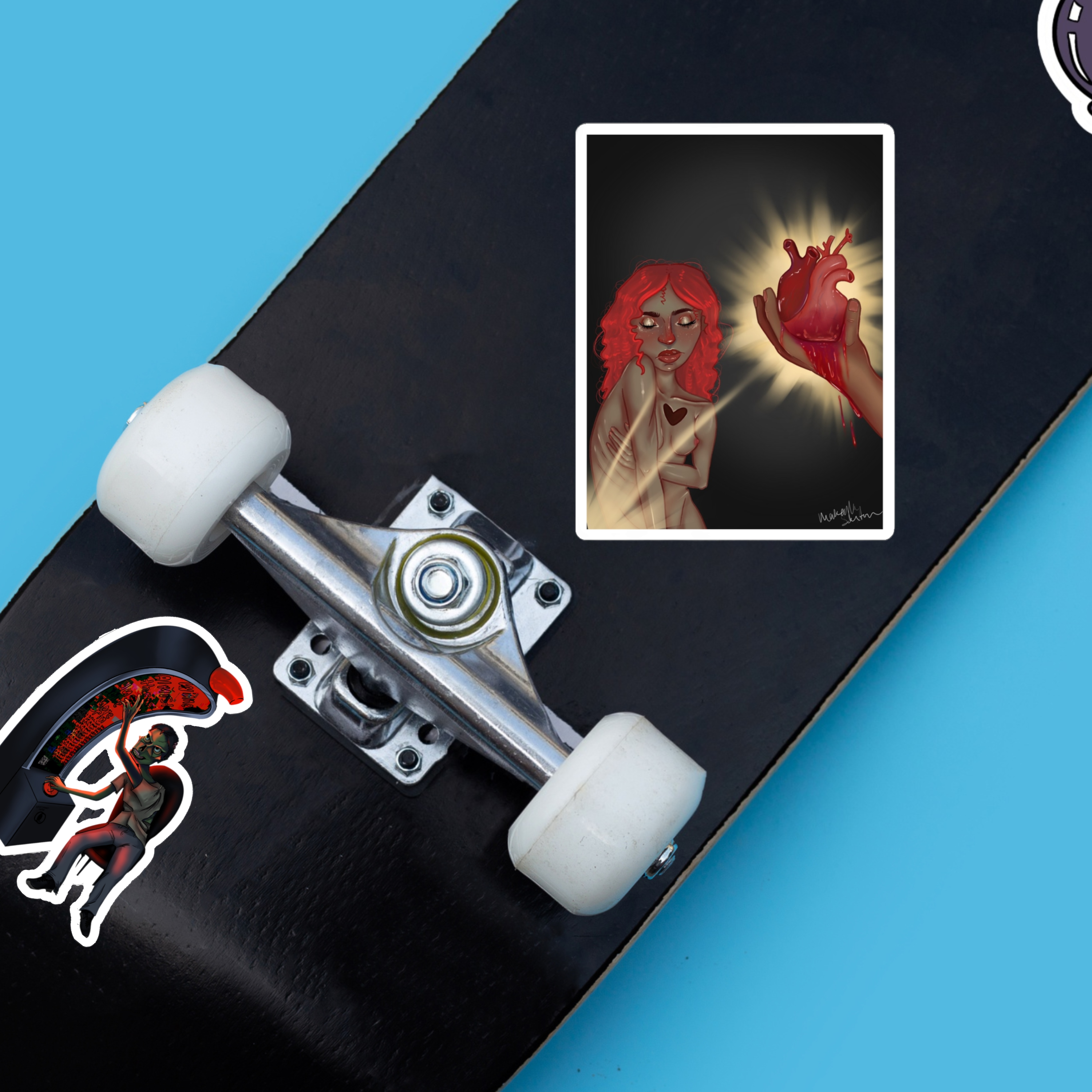 Heart In Hand Kiss-Cut Sticker — Gothic Red-Haired Illustration for Laptops & Journals