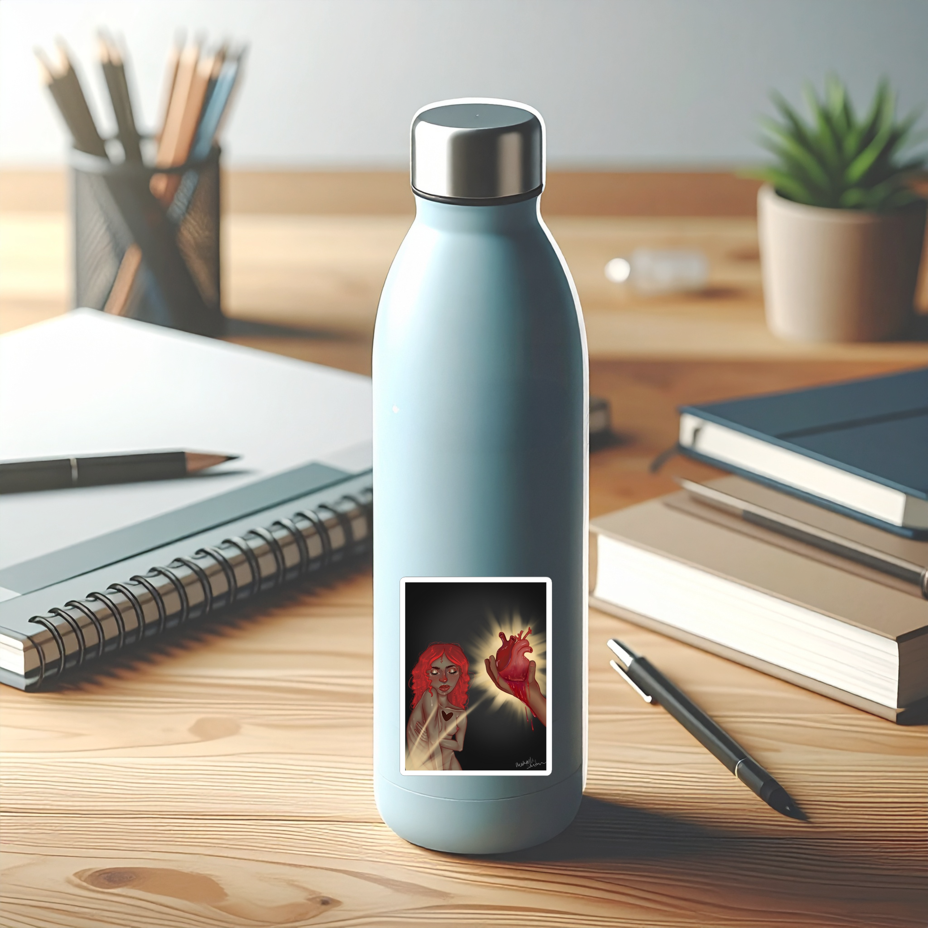 Heart In Hand Kiss-Cut Sticker — Gothic Red-Haired Illustration for Laptops & Journals