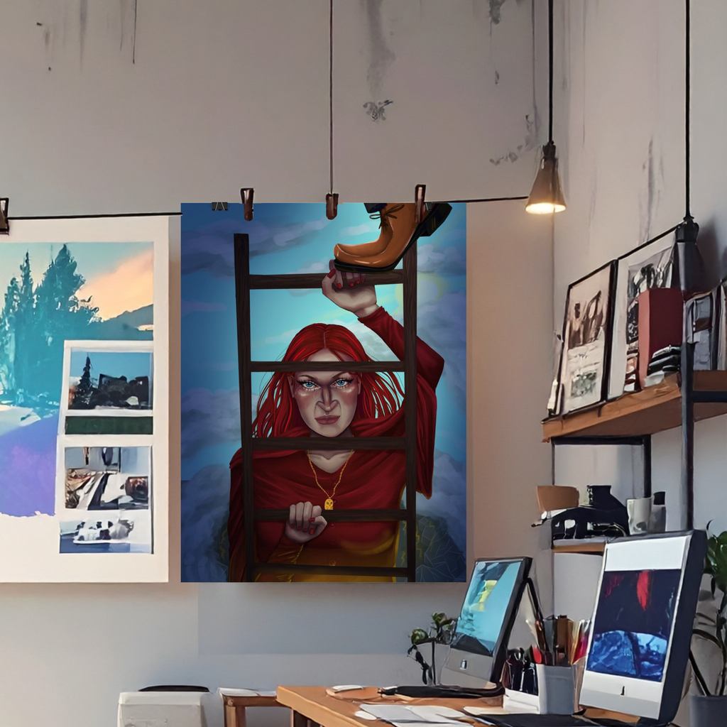 Rolled Poster — Moody Red-Haired Woman Climbing Ladder Art Print