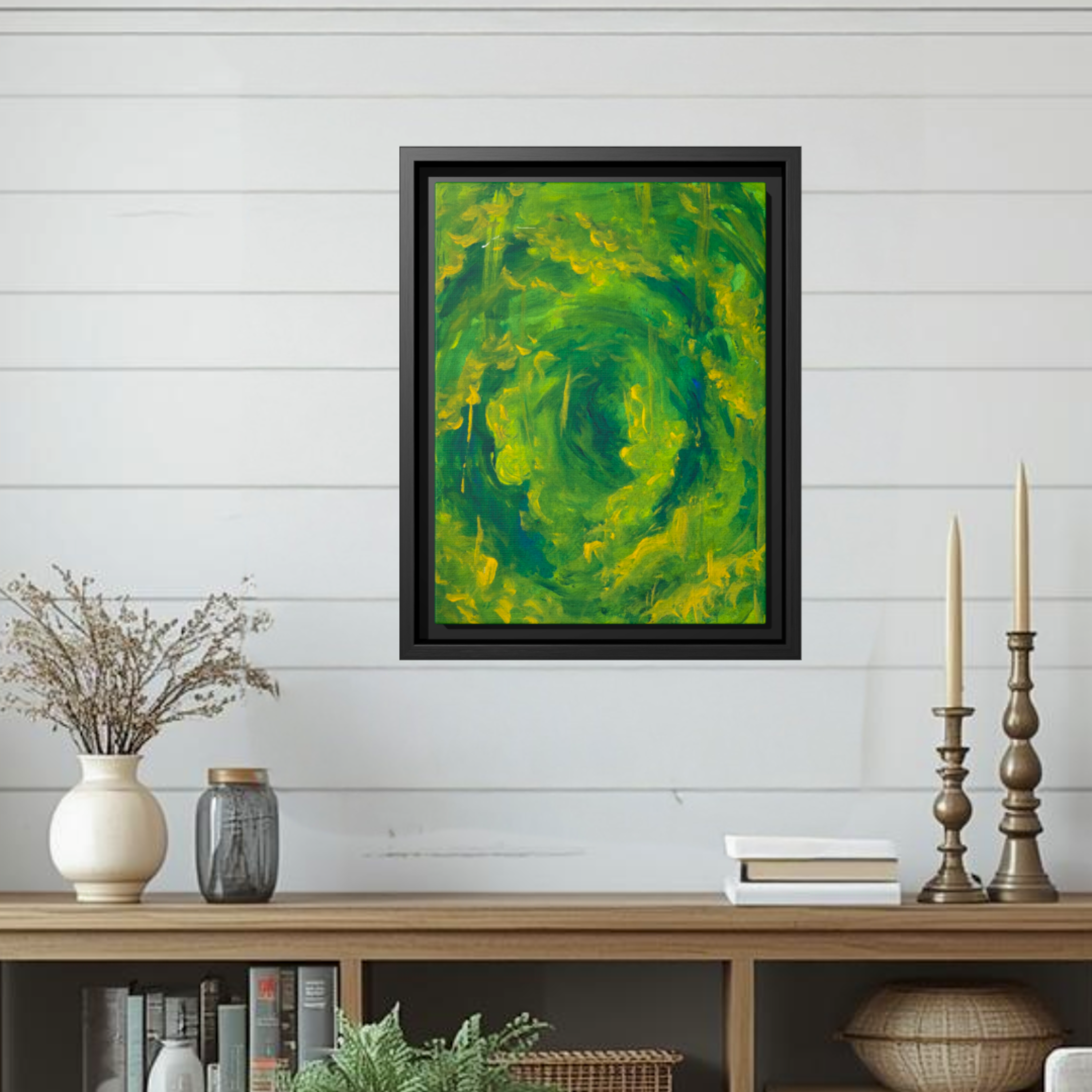 Vibrant Green Vortex Framed Canvas Art