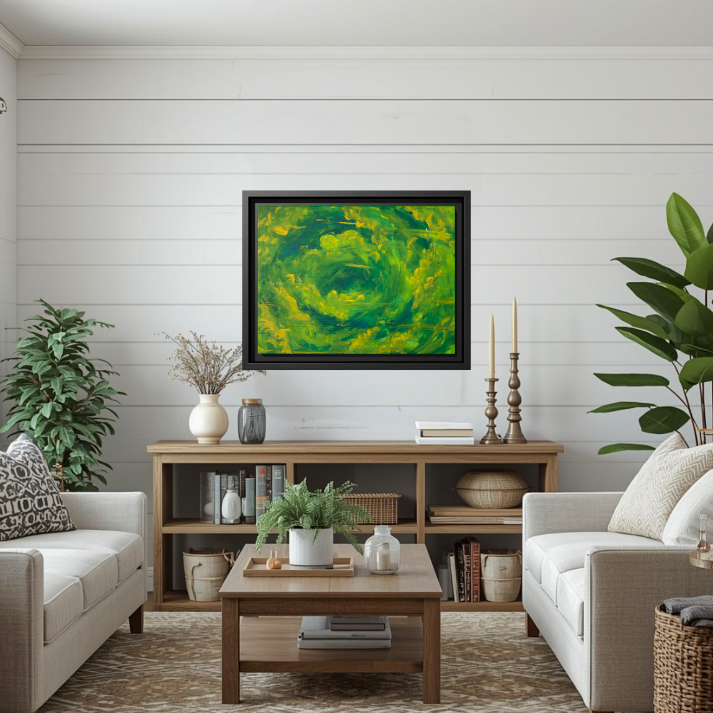 Vibrant Green Vortex Framed Canvas Art