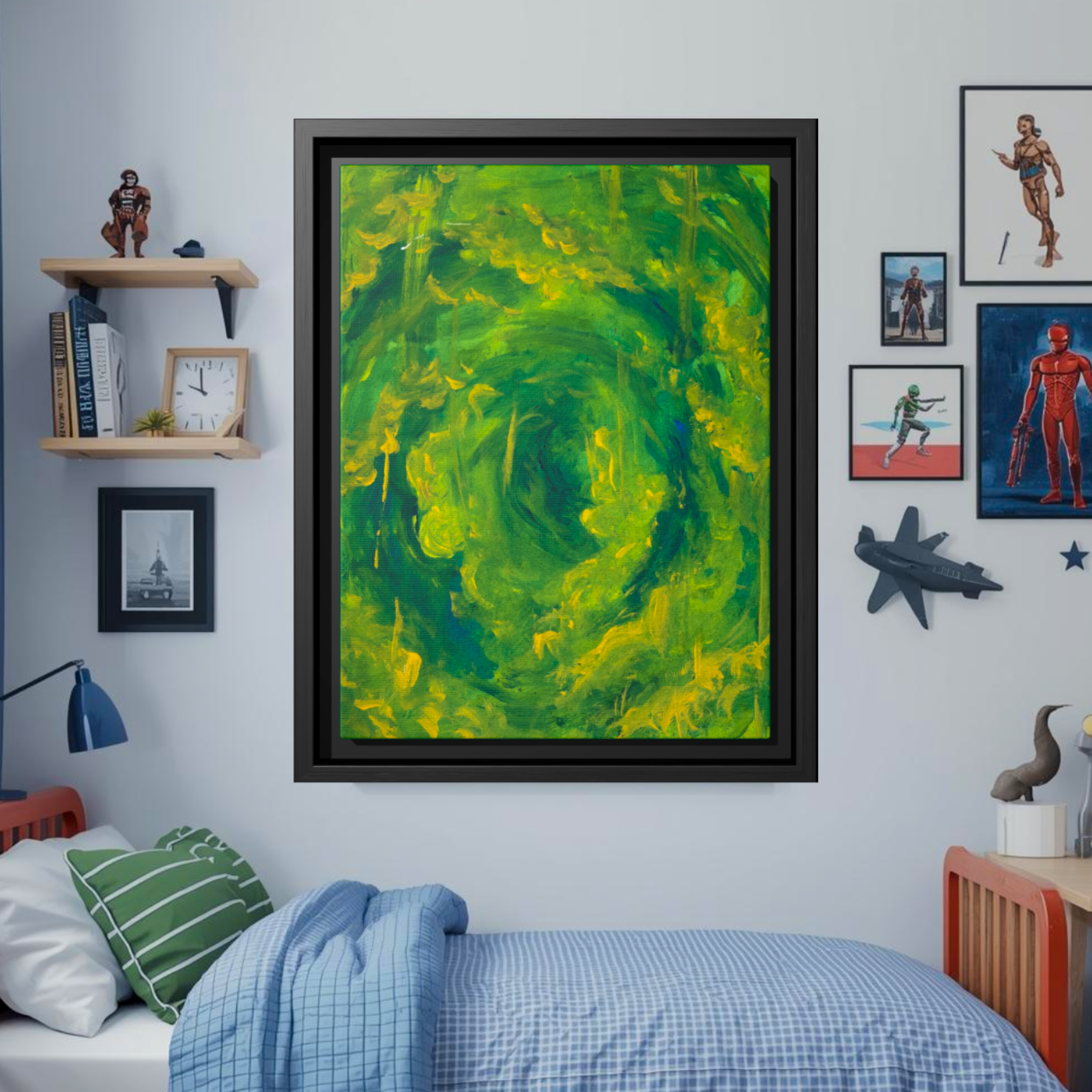 Vibrant Green Vortex Framed Canvas Art