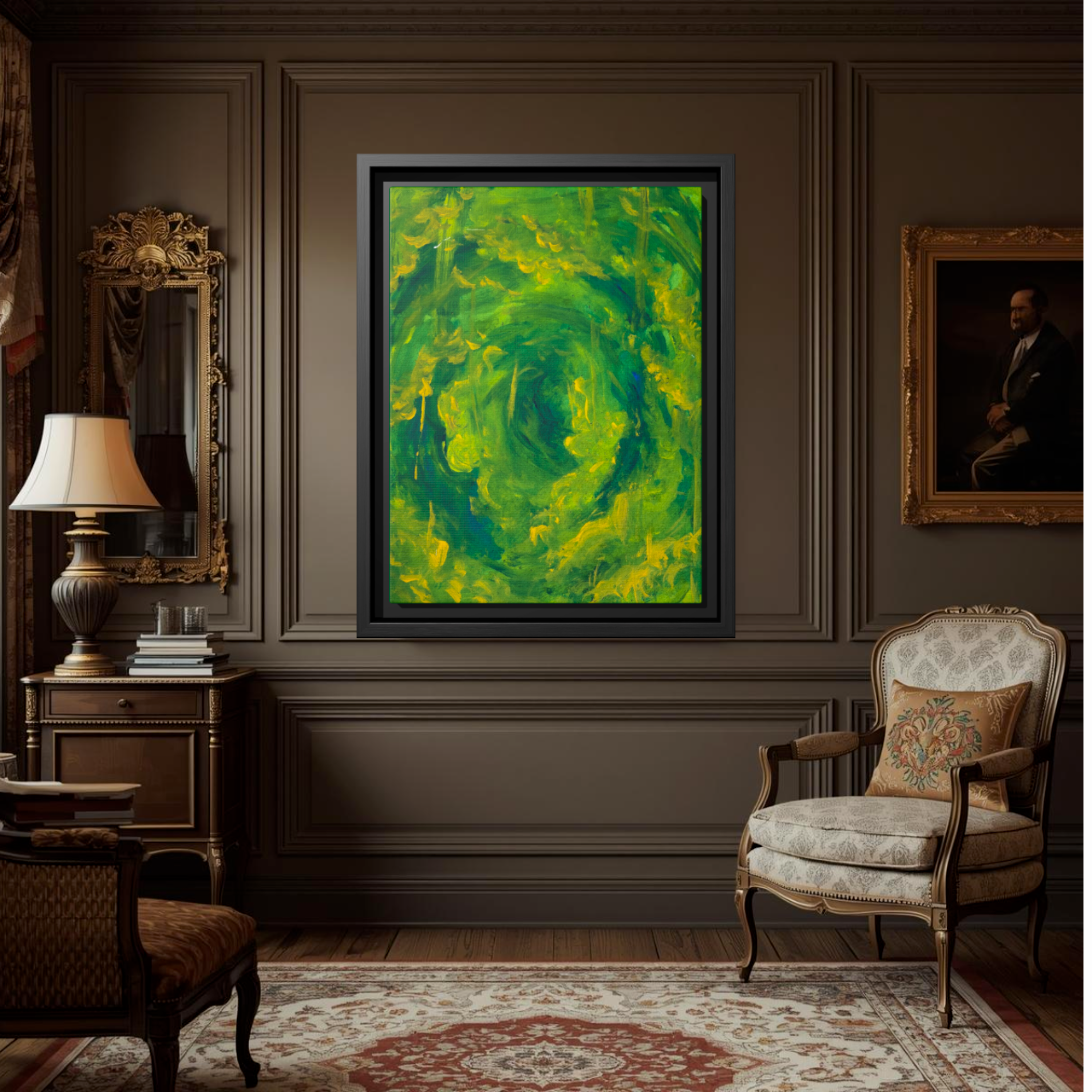 Vibrant Green Vortex Framed Canvas Art