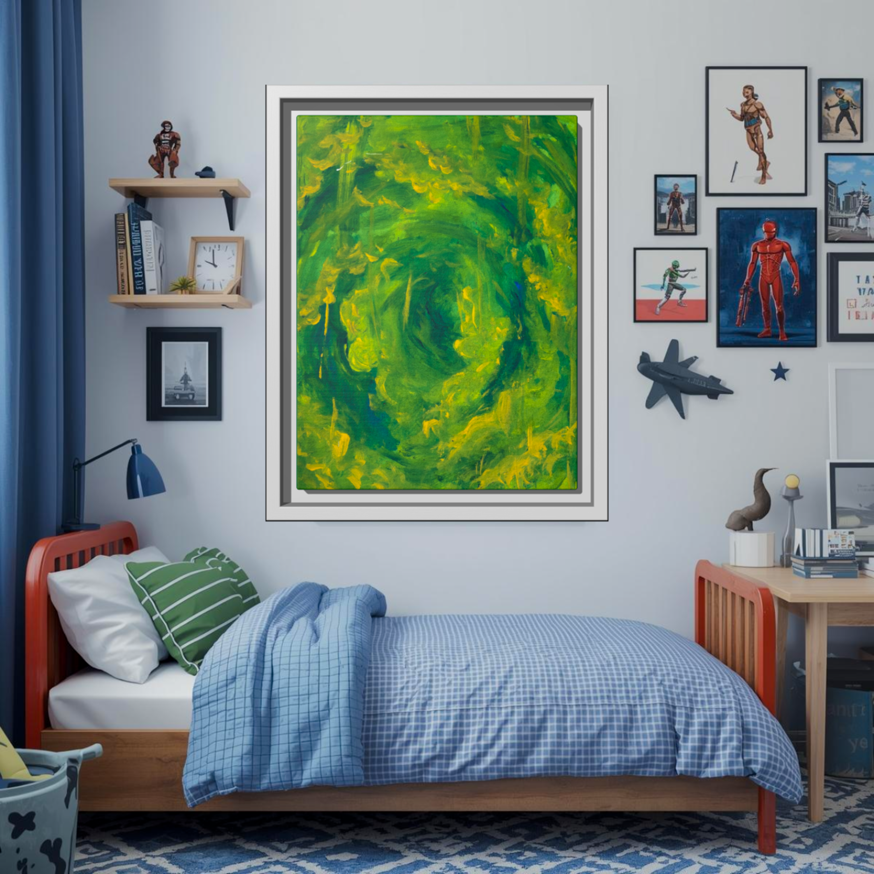 Vibrant Green Vortex Framed Canvas Art