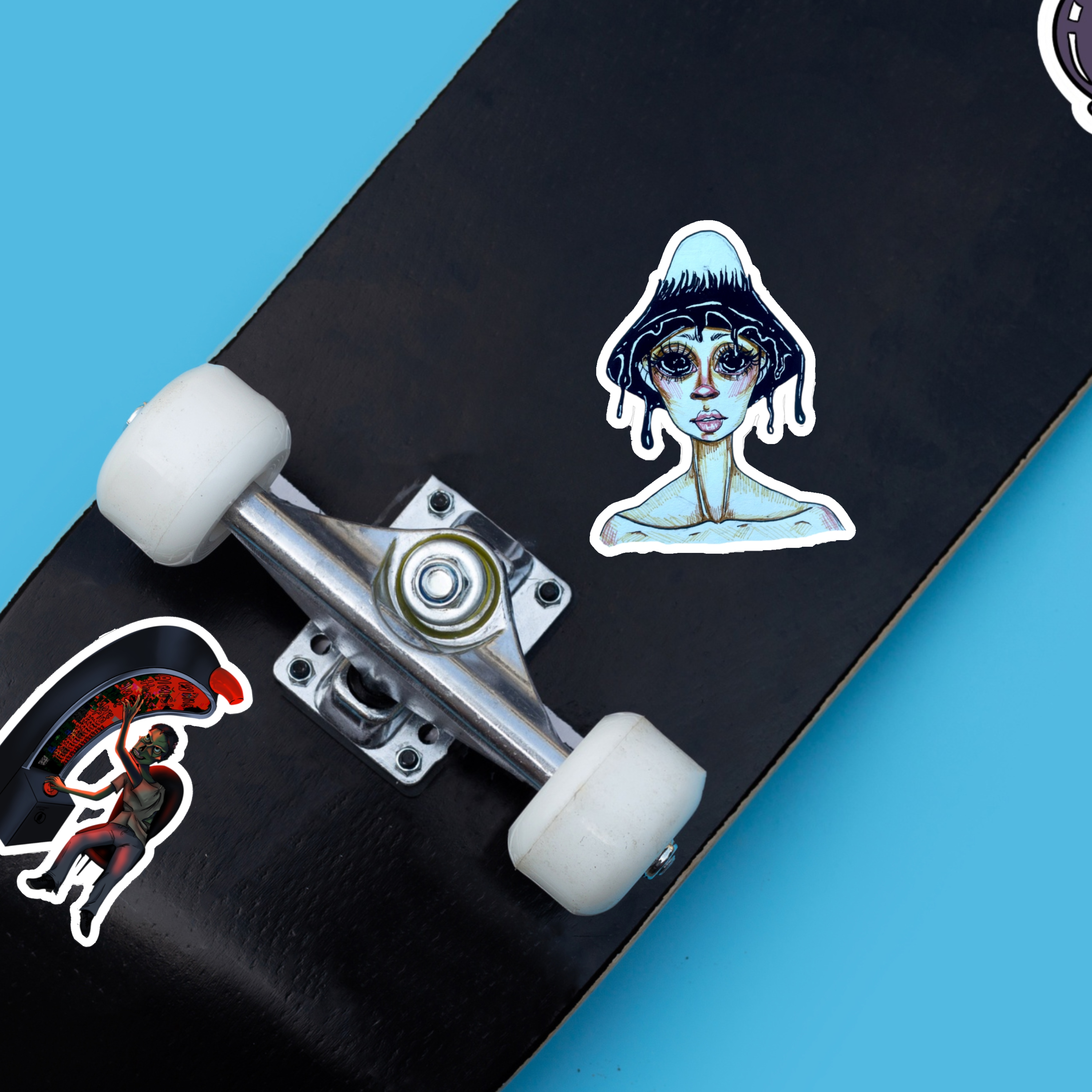 Melted Mushroom Girl Kiss-Cut Sticker — Surreal Blue Illustration Laptop Decal