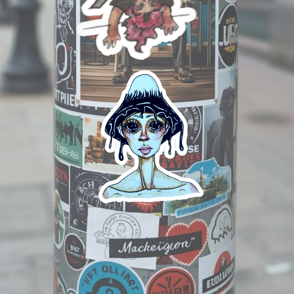 Melted Mushroom Girl Kiss-Cut Sticker — Surreal Blue Illustration Laptop Decal