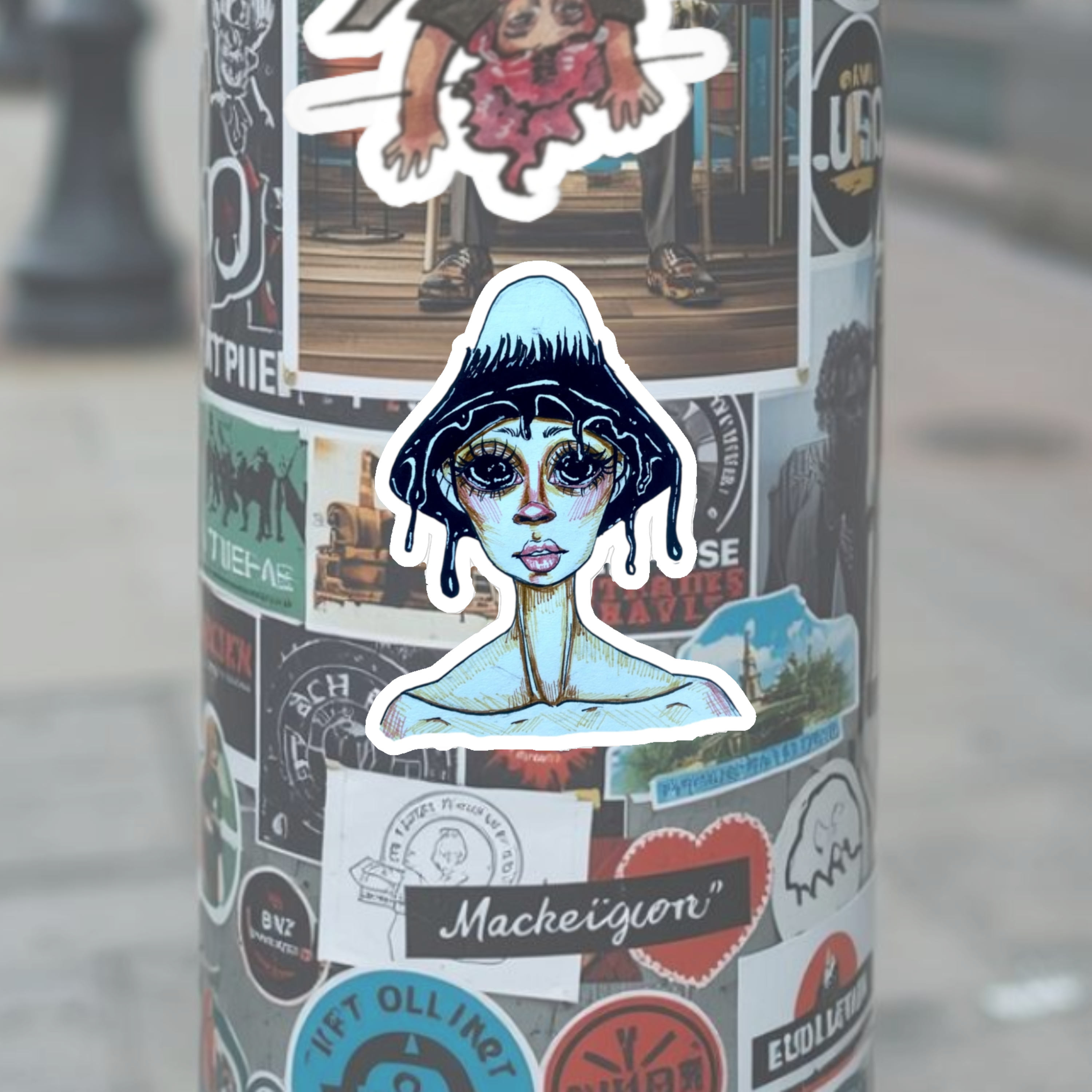 Melted Mushroom Girl Kiss-Cut Sticker — Surreal Blue Illustration Laptop Decal