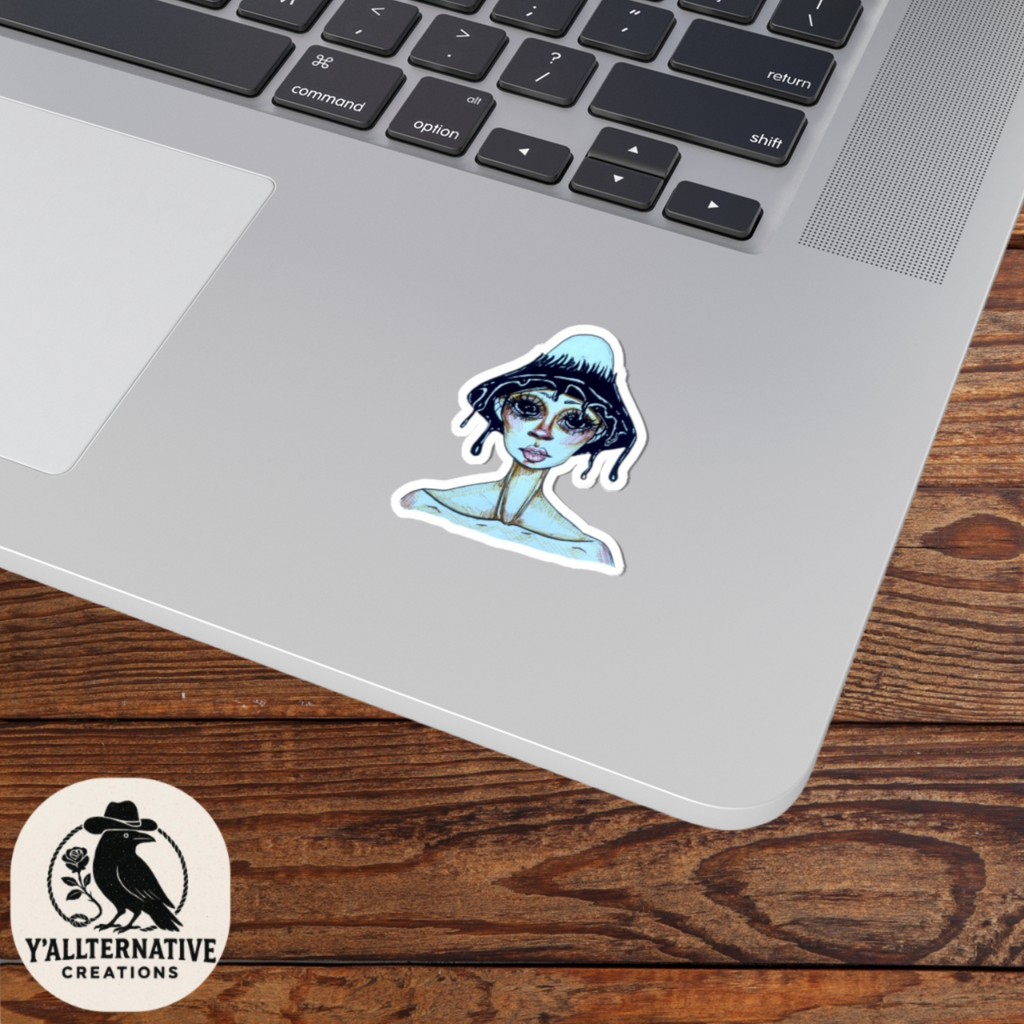 Melted Mushroom Girl Kiss-Cut Sticker — Surreal Blue Illustration Laptop Decal