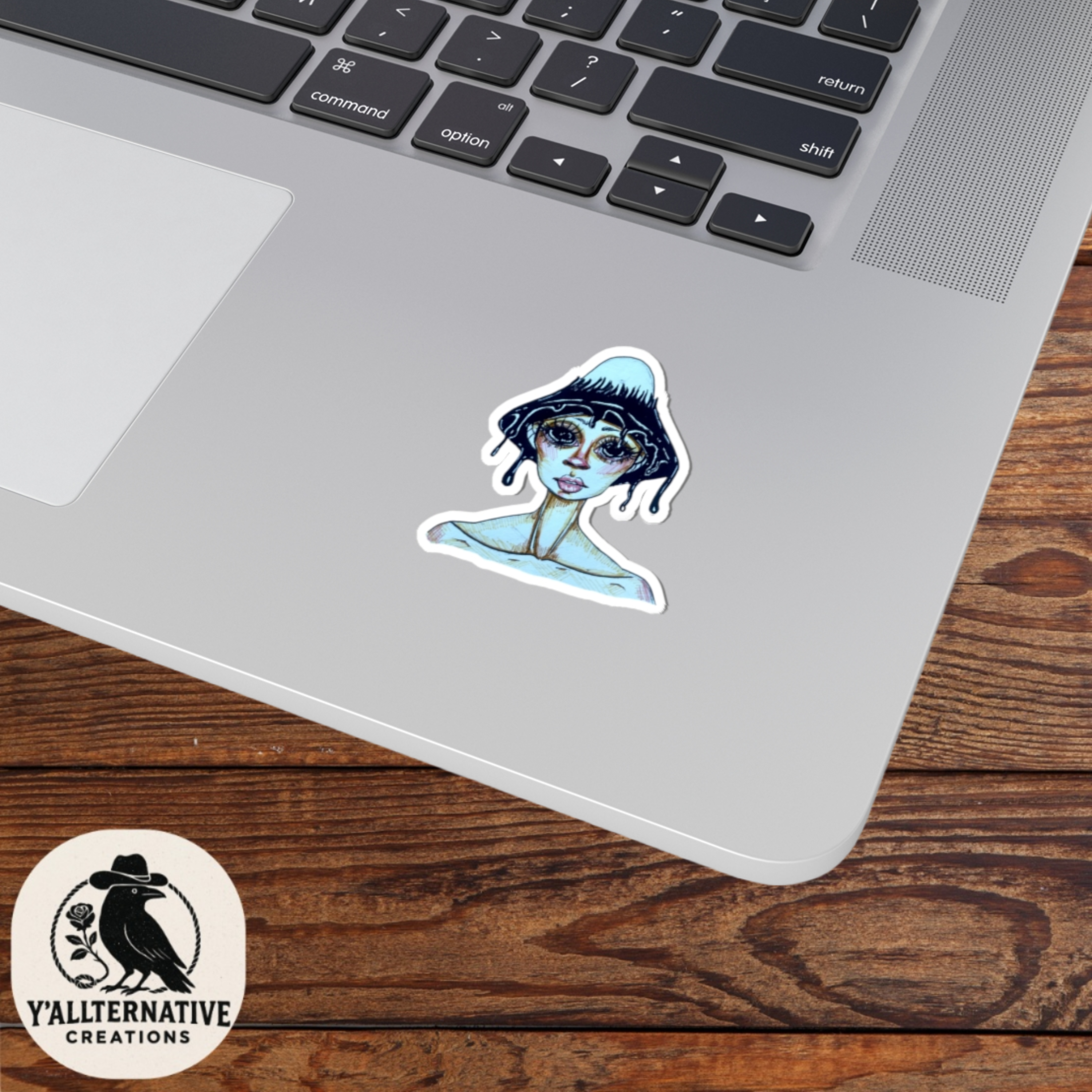 Melted Mushroom Girl Kiss-Cut Sticker — Surreal Blue Illustration Laptop Decal
