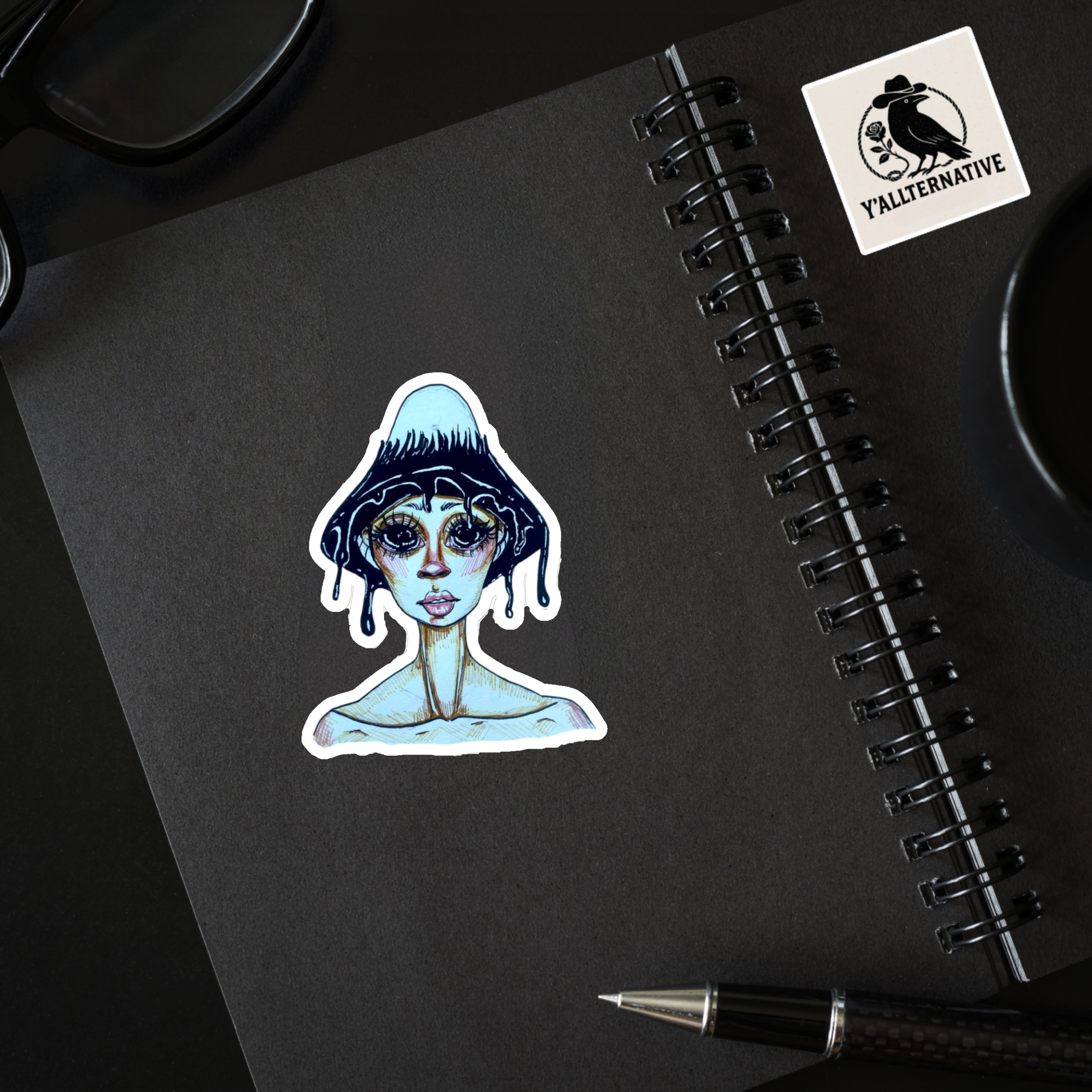 Melted Mushroom Girl Kiss-Cut Sticker — Surreal Blue Illustration Laptop Decal