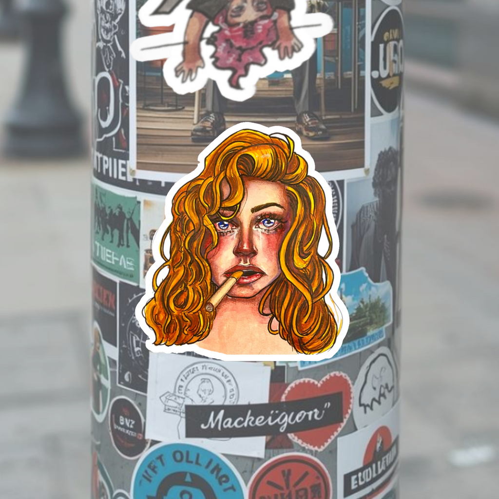 Redhead Sad Girl Portrait Sticker — Moody Art Kiss-Cut Laptop Decal