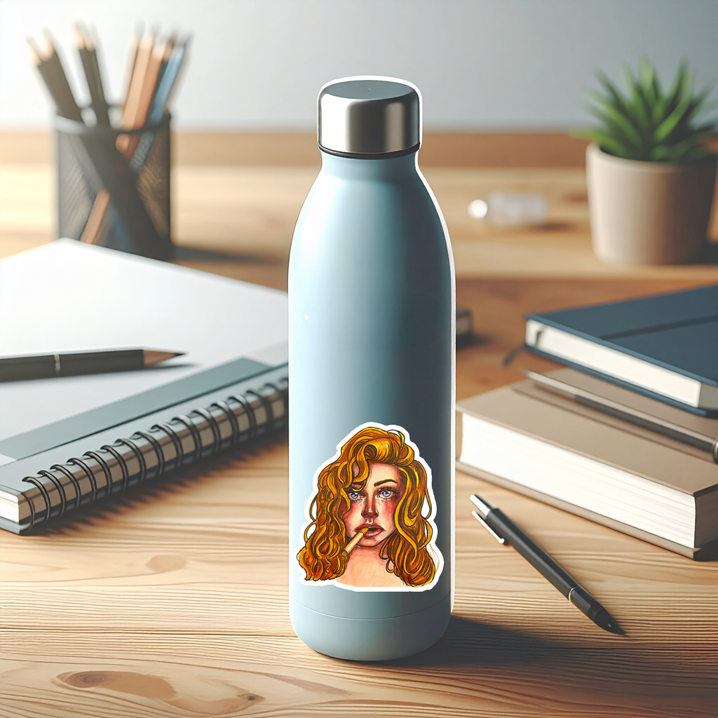 Redhead Sad Girl Portrait Sticker — Moody Art Kiss-Cut Laptop Decal